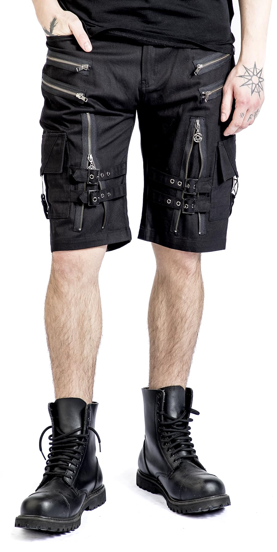 Gothicana Pantaloncini Neri Pentagramma Fibbie Uomo