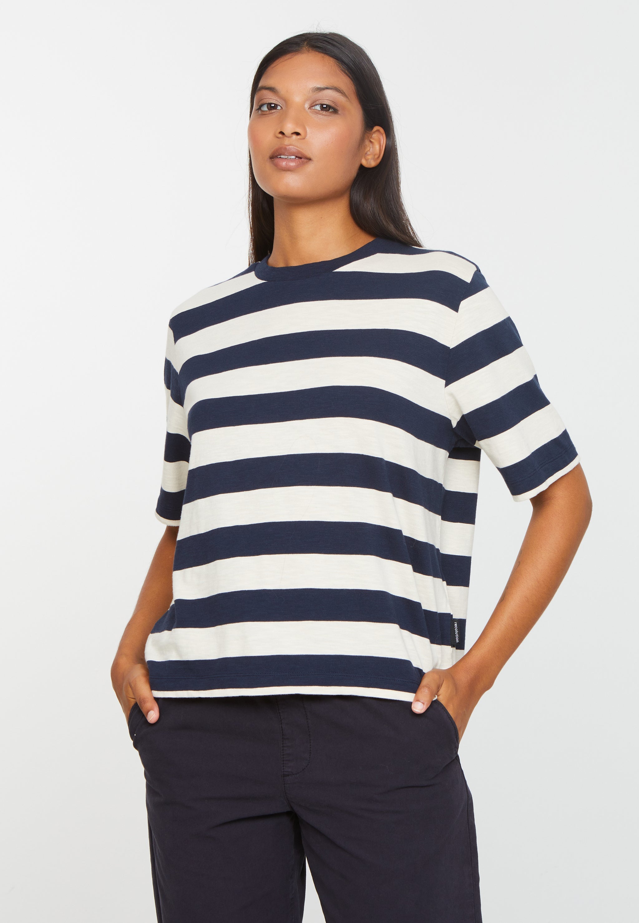 Recolution Azolla Stripes maglietta blu navy cotone bio