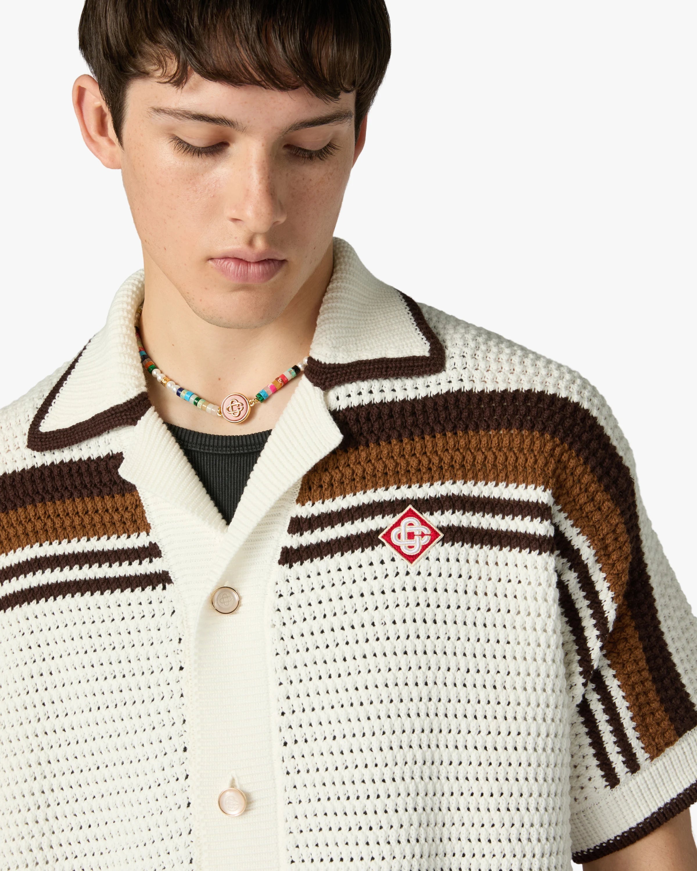 Casablanca Tennis Stripe camicia crochet bianco marrone cotone