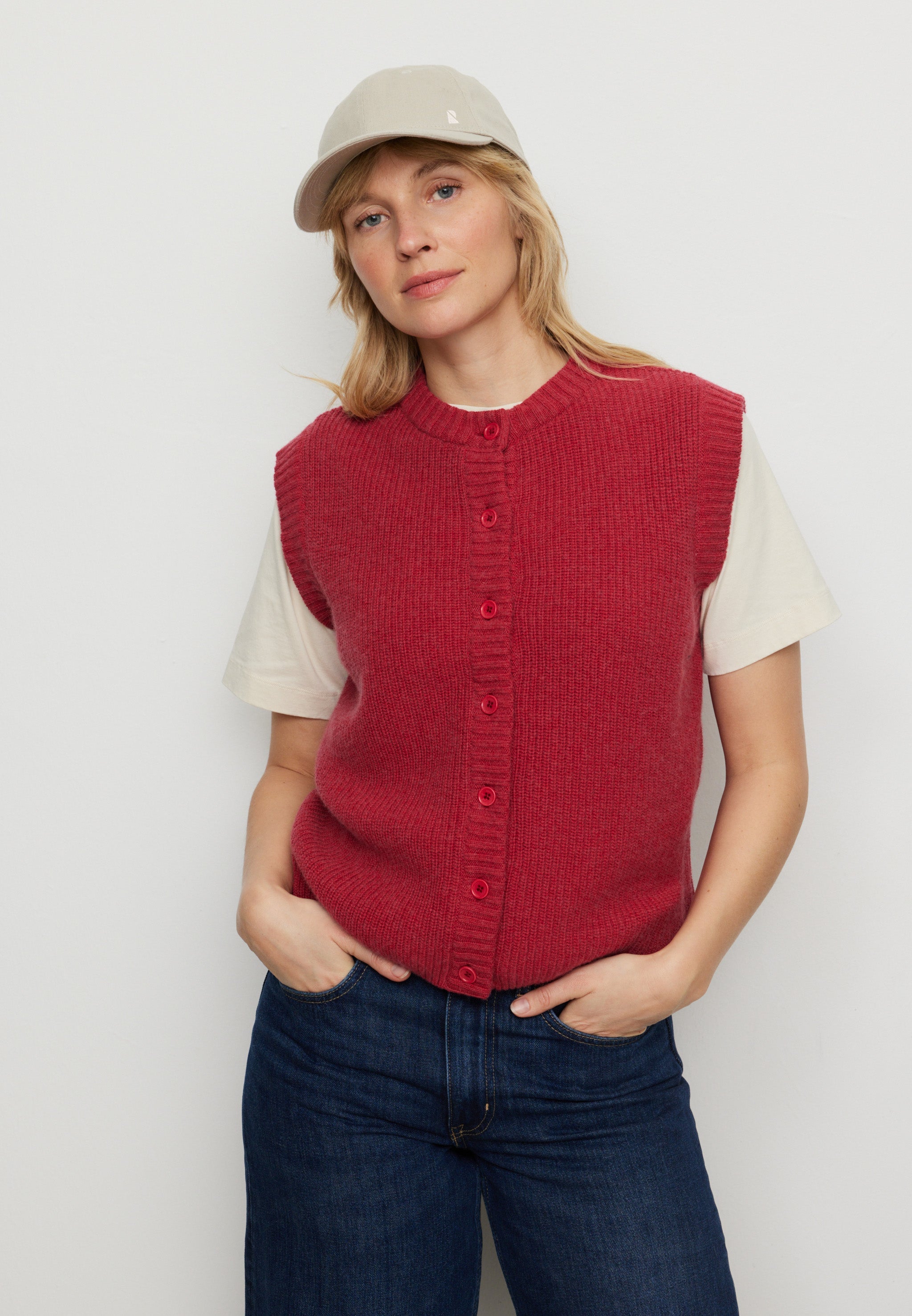 Recolution Goji gilet maglia donna rosso lana bio