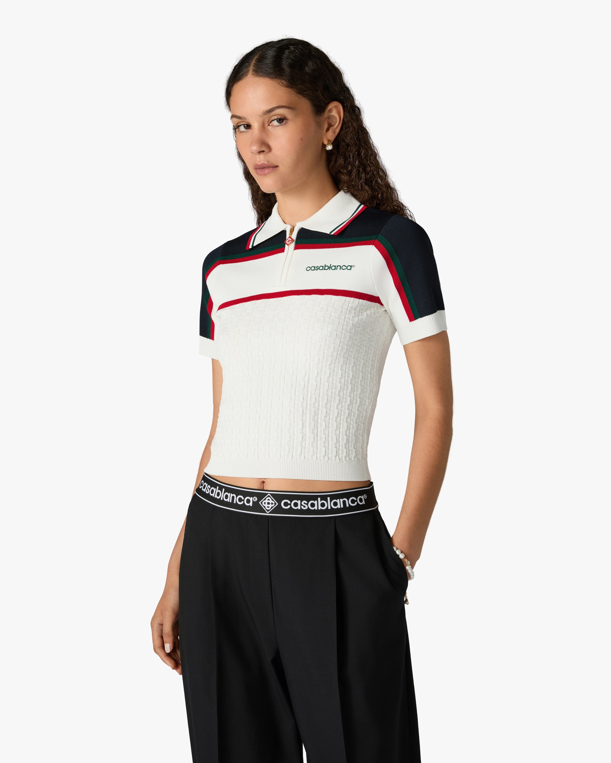 Casablanca Tennis polo in maglia crema navy viscosa