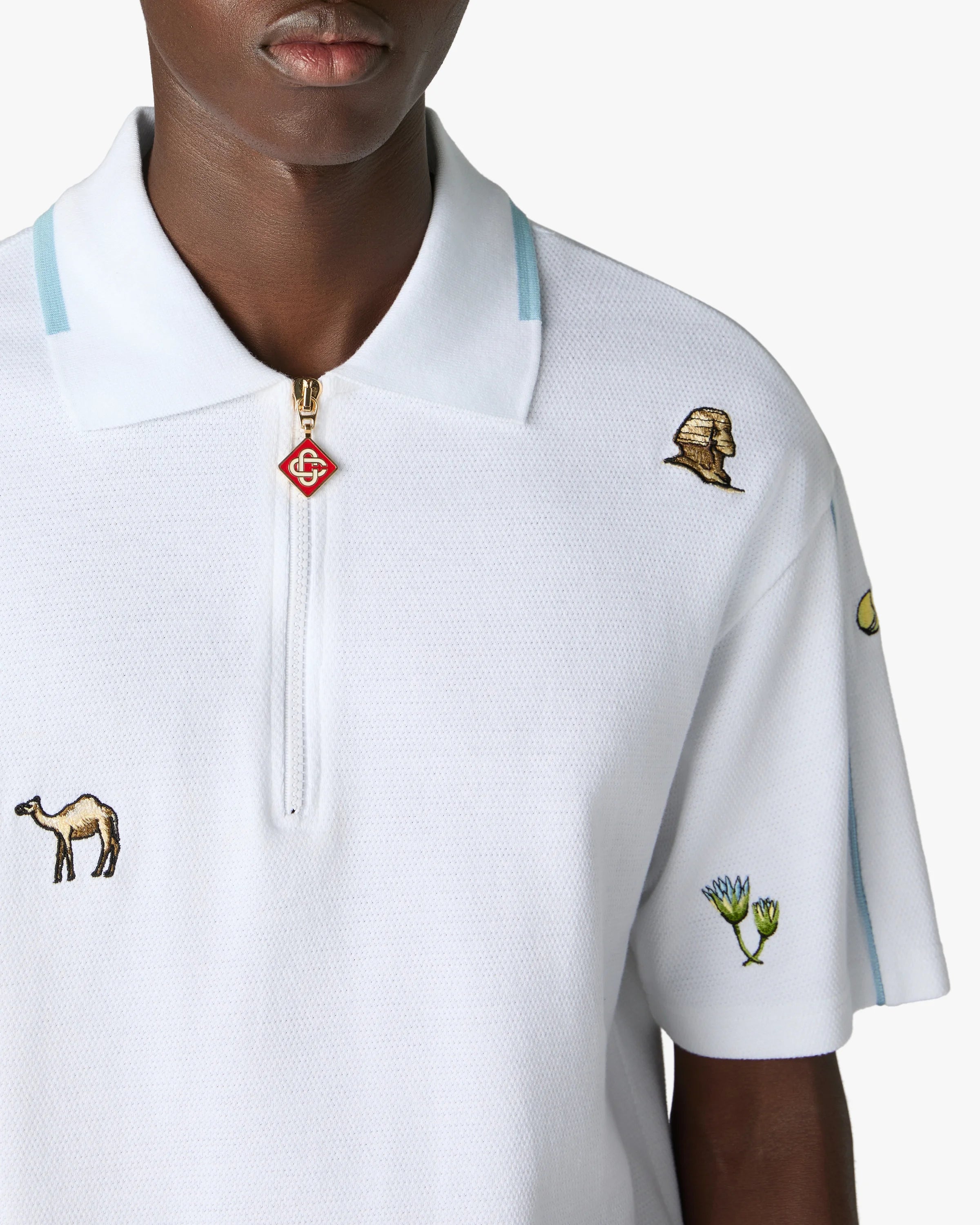 Casablanca White Icon Quarter Zip Polo Manica Corta Bianca Ricamata