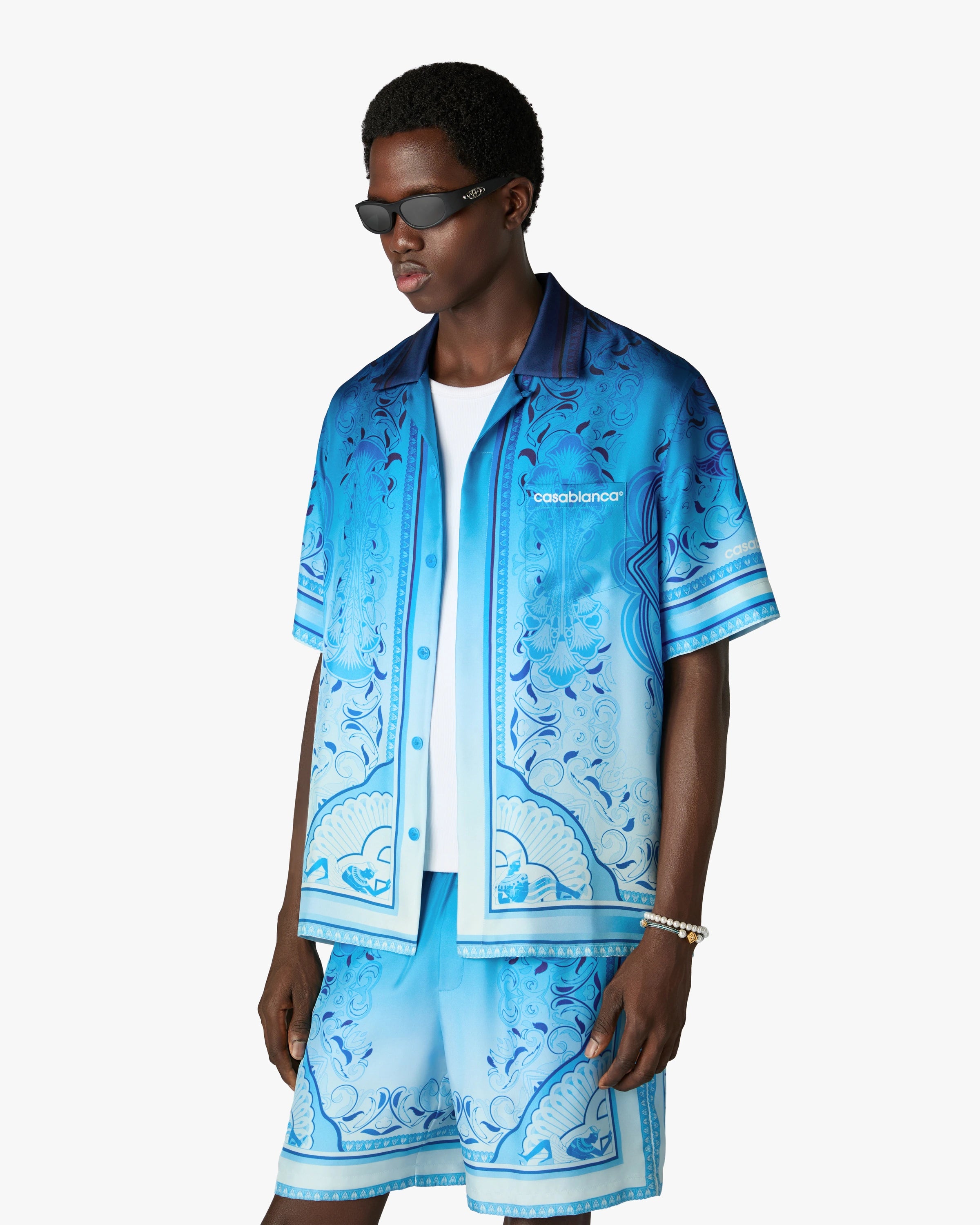 Casablanca Egyptian Rug camicia seta blu maniche corte