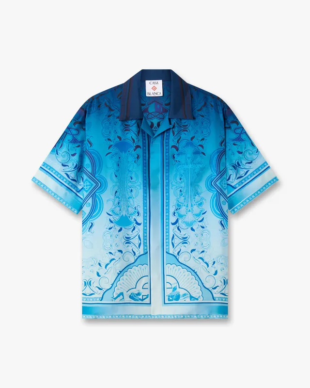 Casablanca Egyptian Rug camicia seta blu maniche corte
