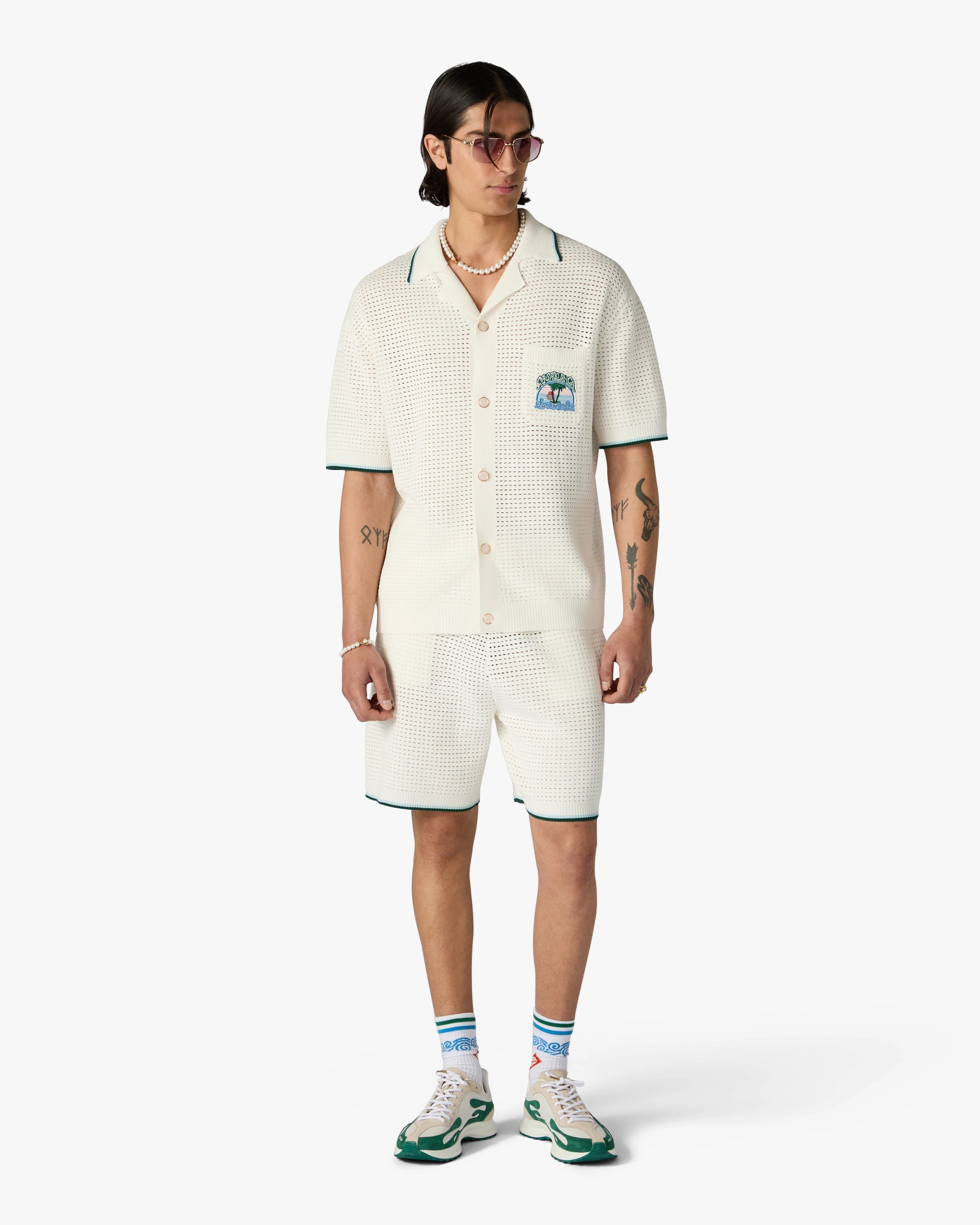 Casablanca Palm Tree Emblem Camicia Crochet Bianca Cotone