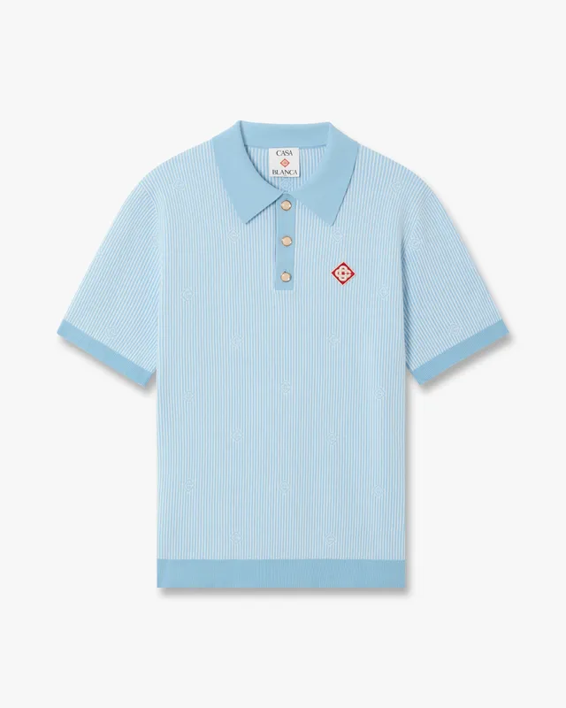 Casablanca Polo in Maglia Azzurra Gessata Manica Corta Cotone