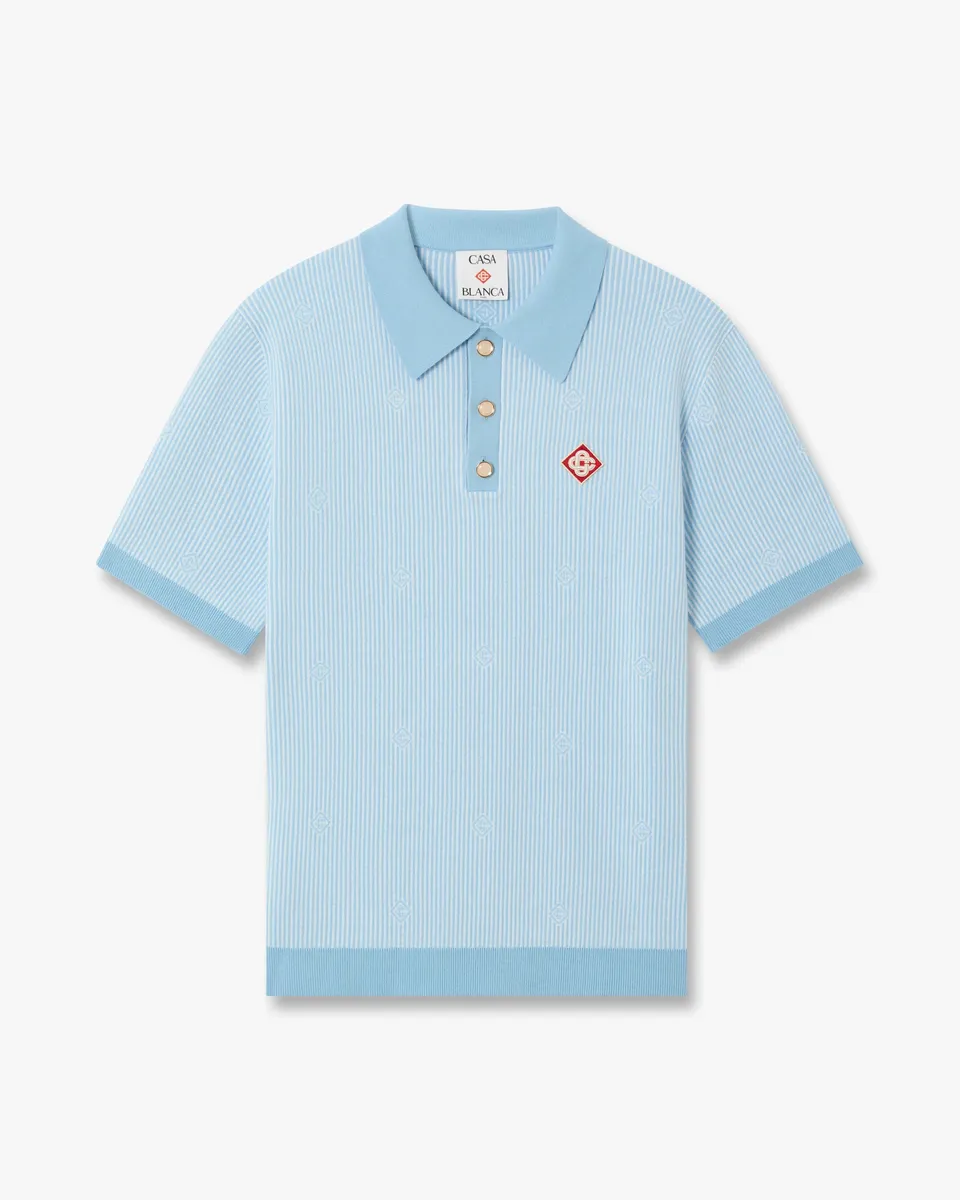 Casablanca Polo in Maglia Azzurra Gessata Manica Corta Cotone