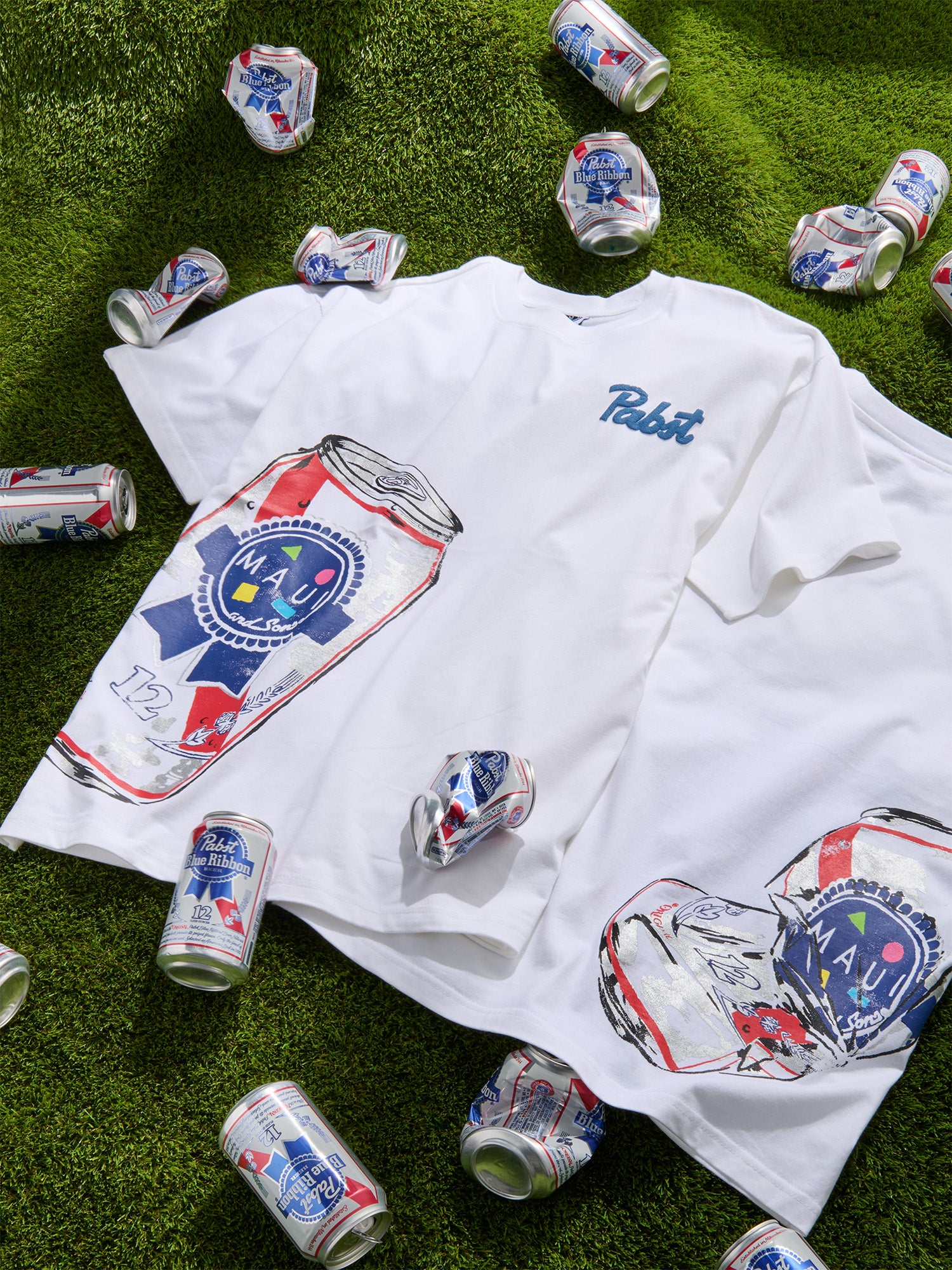 Maui and Sons x Pabst Blue Ribbon Crushed Can Puff Ink T-Shirt Bianca
