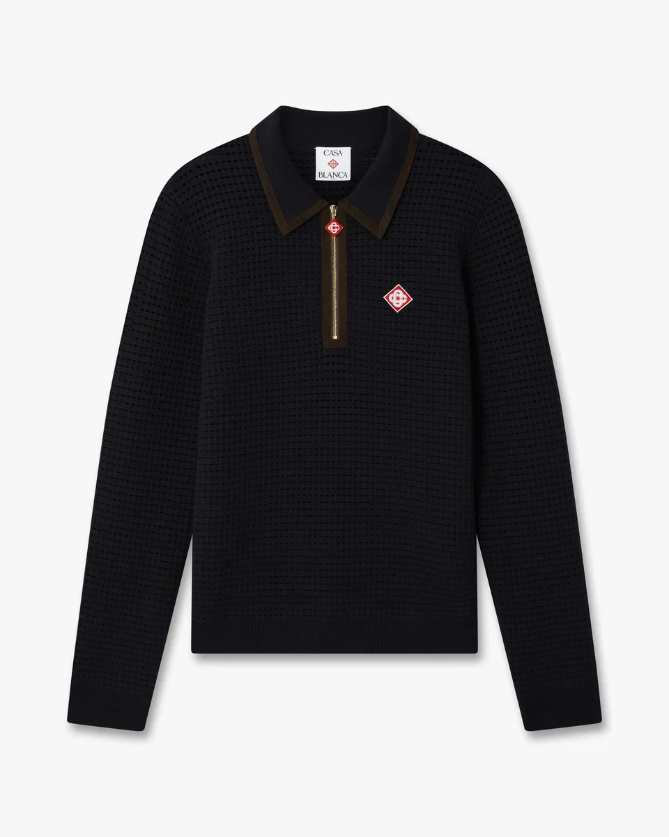 Casablanca Waffle Stitch Polo Lana Blu Manica Lunga