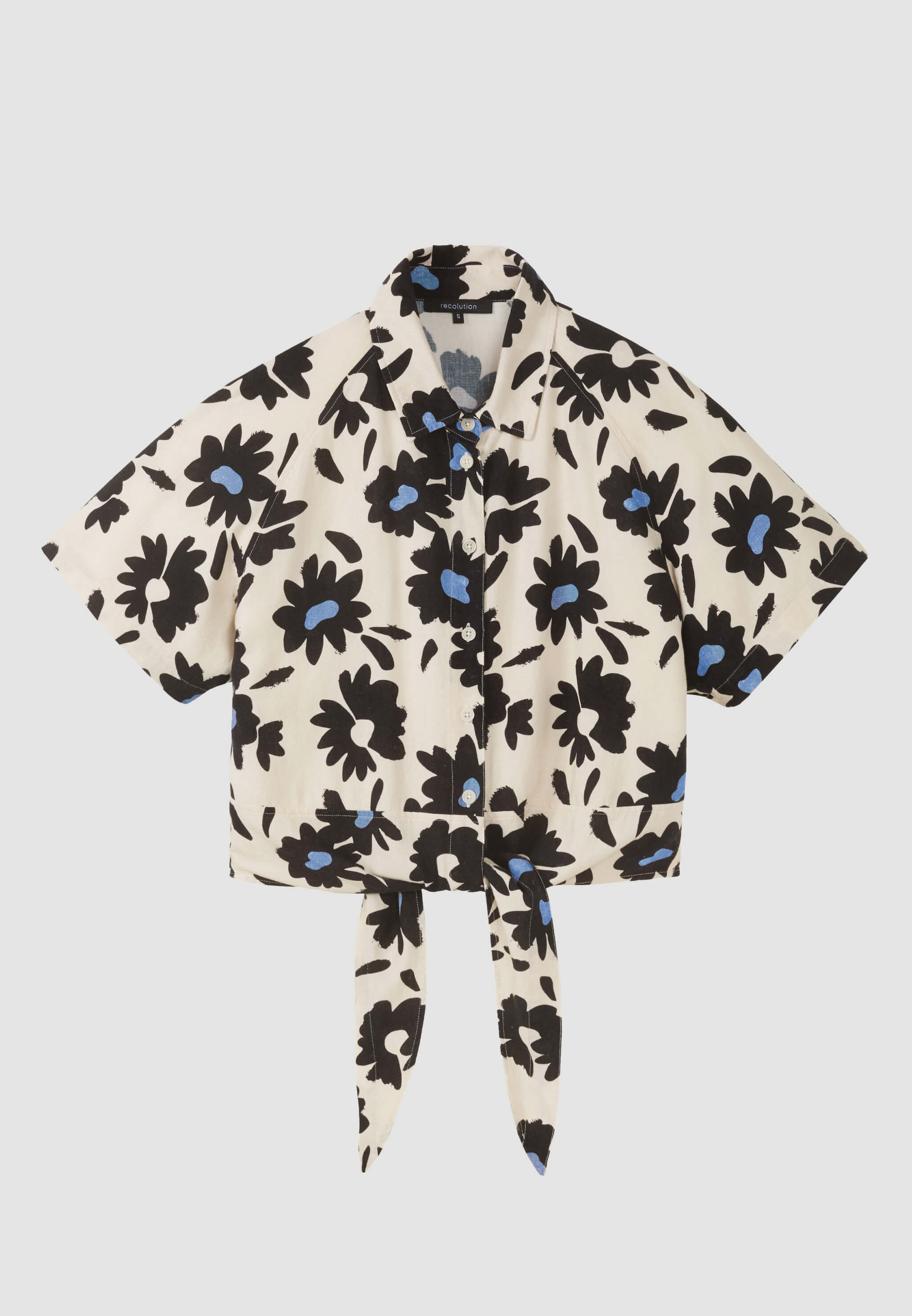 Recolution Ocra Bloom camicetta blu viscosa e lino