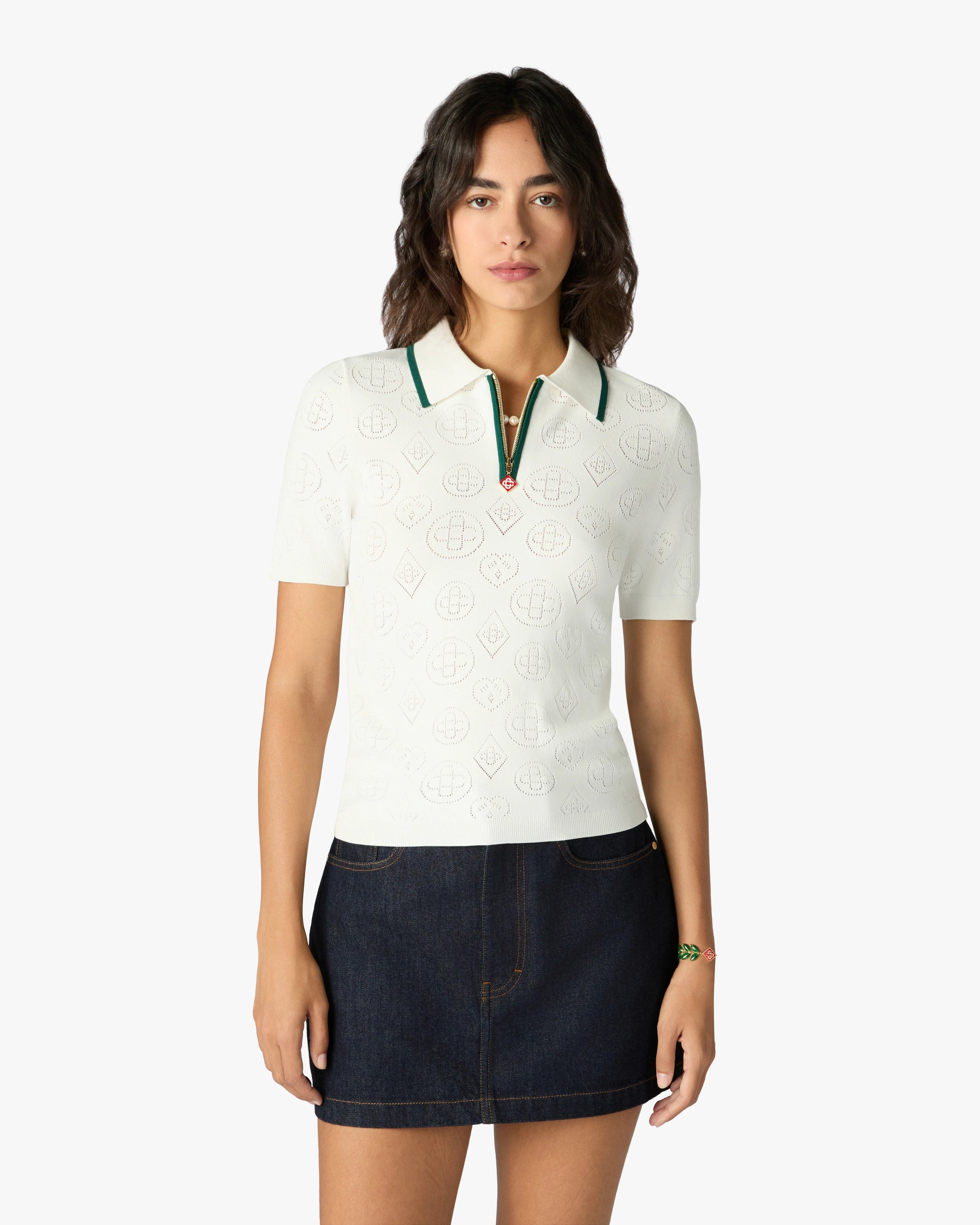 Casablanca Pointelle Monogram polo cropped bianca viscosa