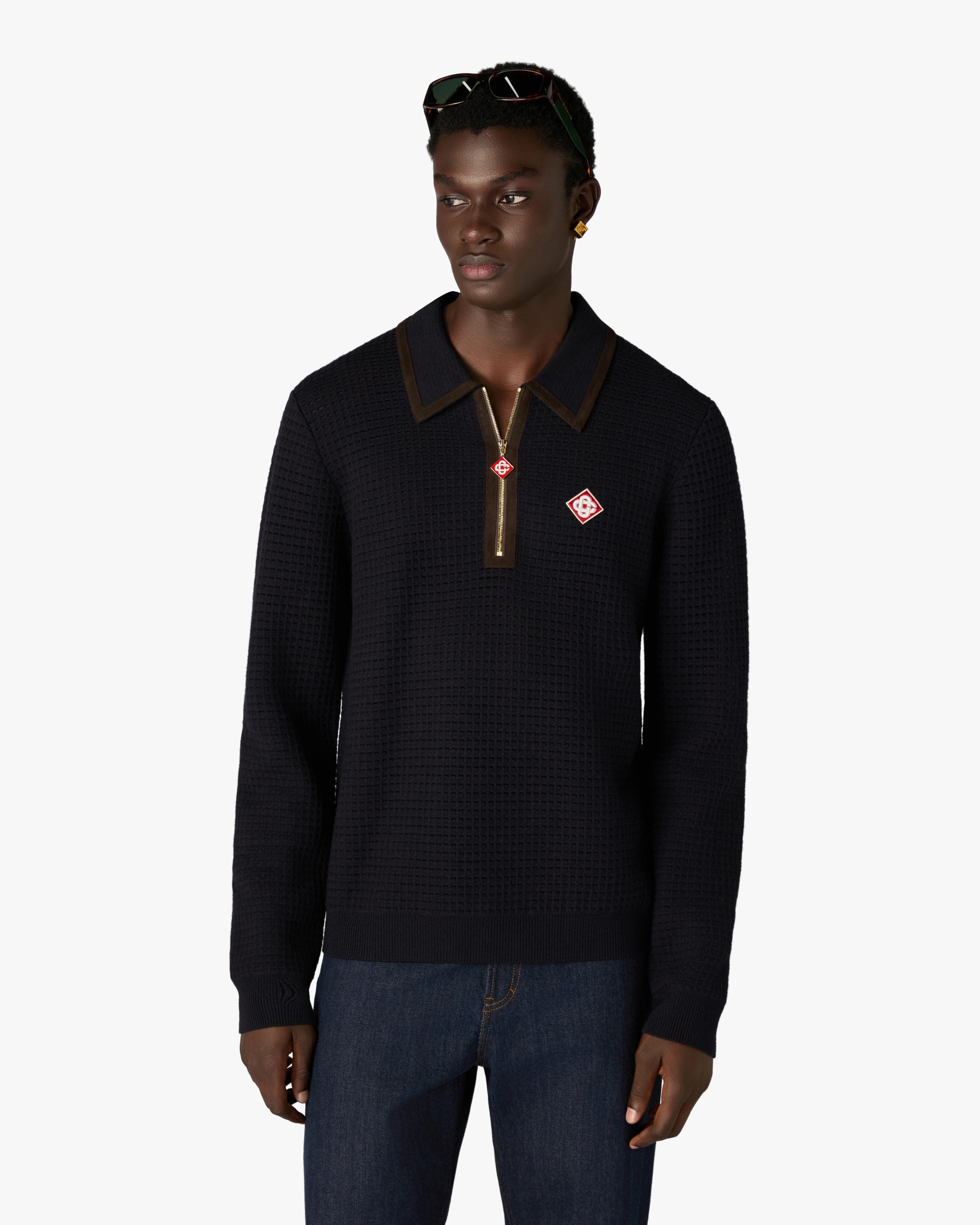 Casablanca Waffle Stitch Polo Lana Blu Manica Lunga