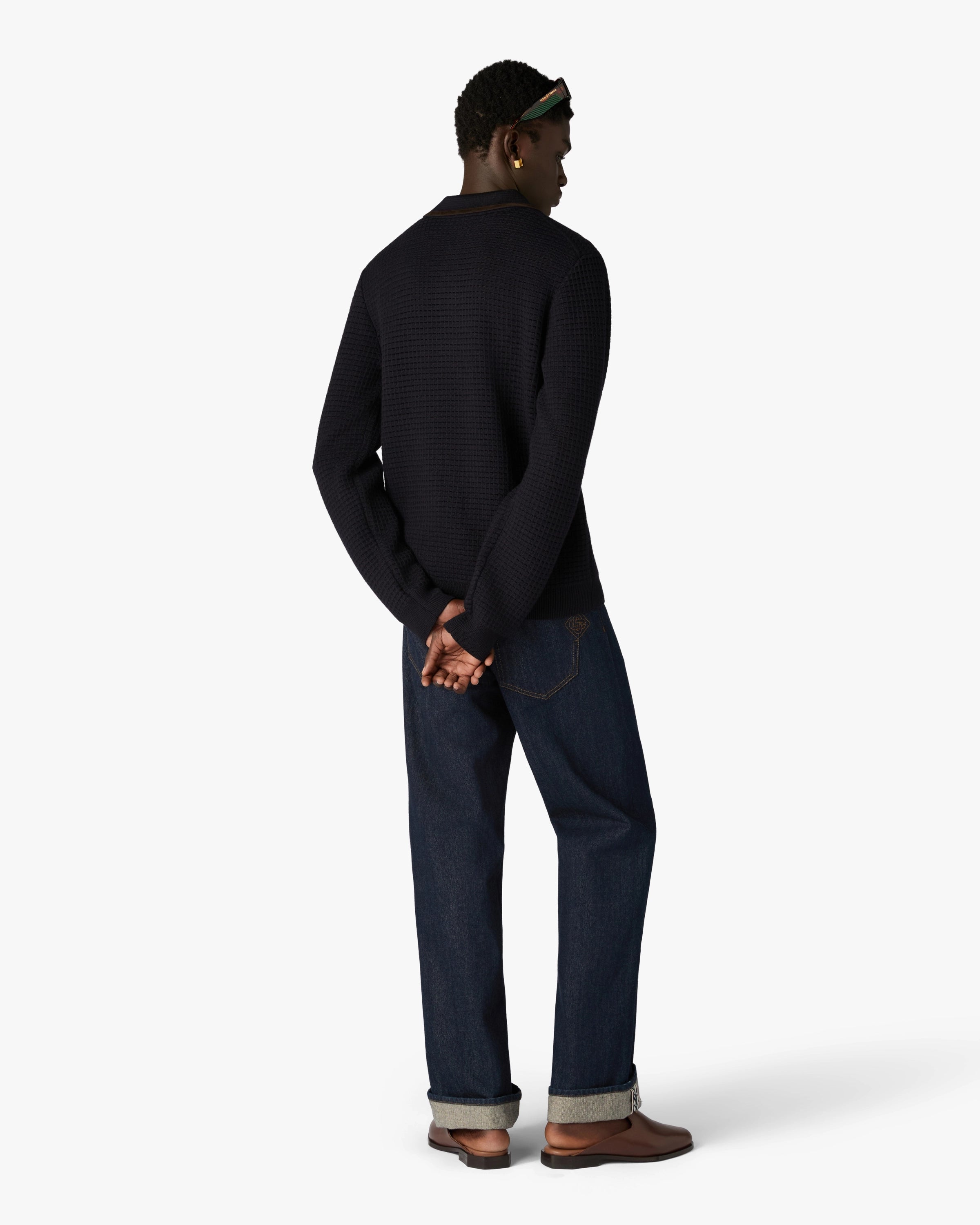 Casablanca Waffle Stitch Polo Lana Blu Manica Lunga