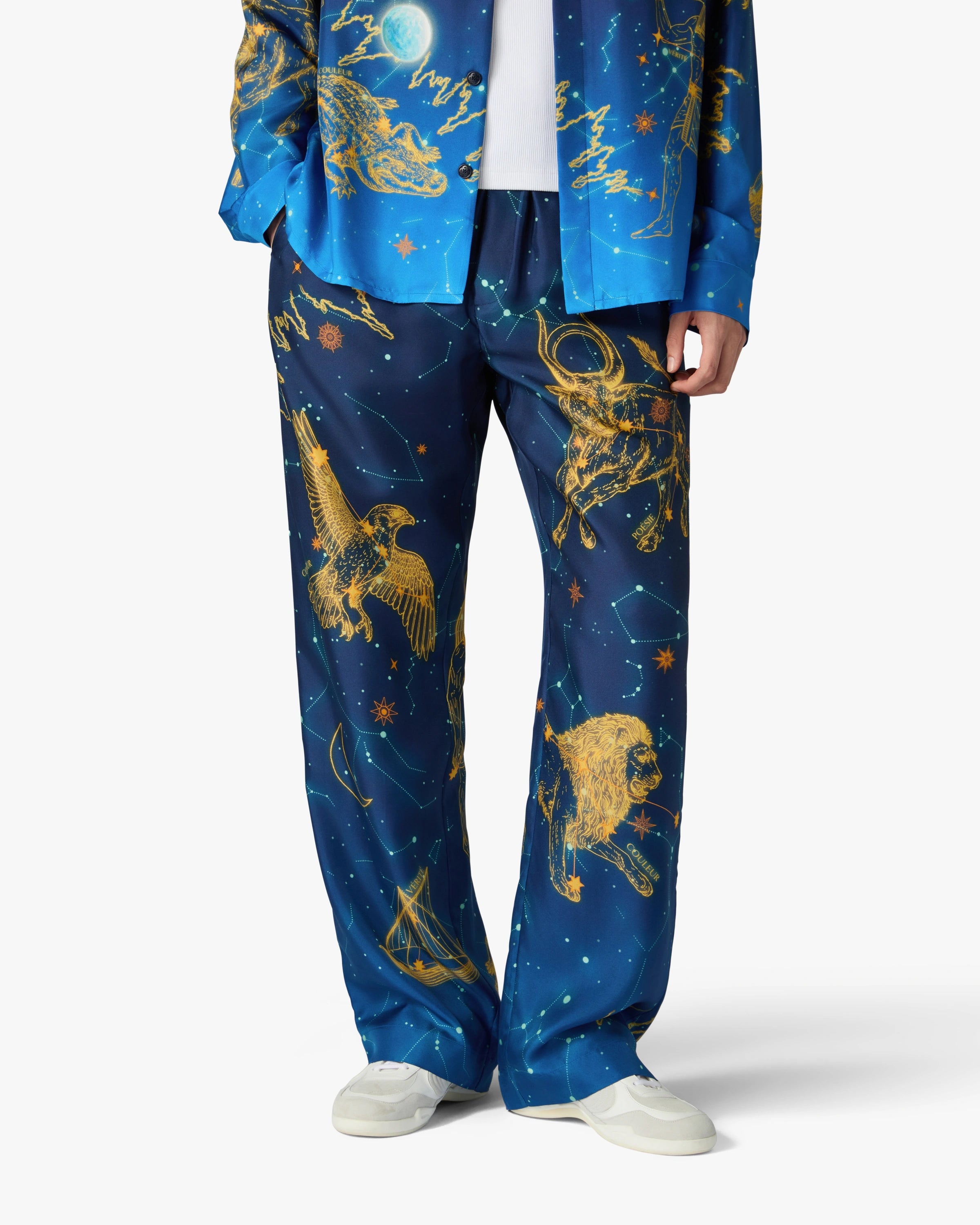 Casablanca Astrology pantaloni in seta blu gamba dritta