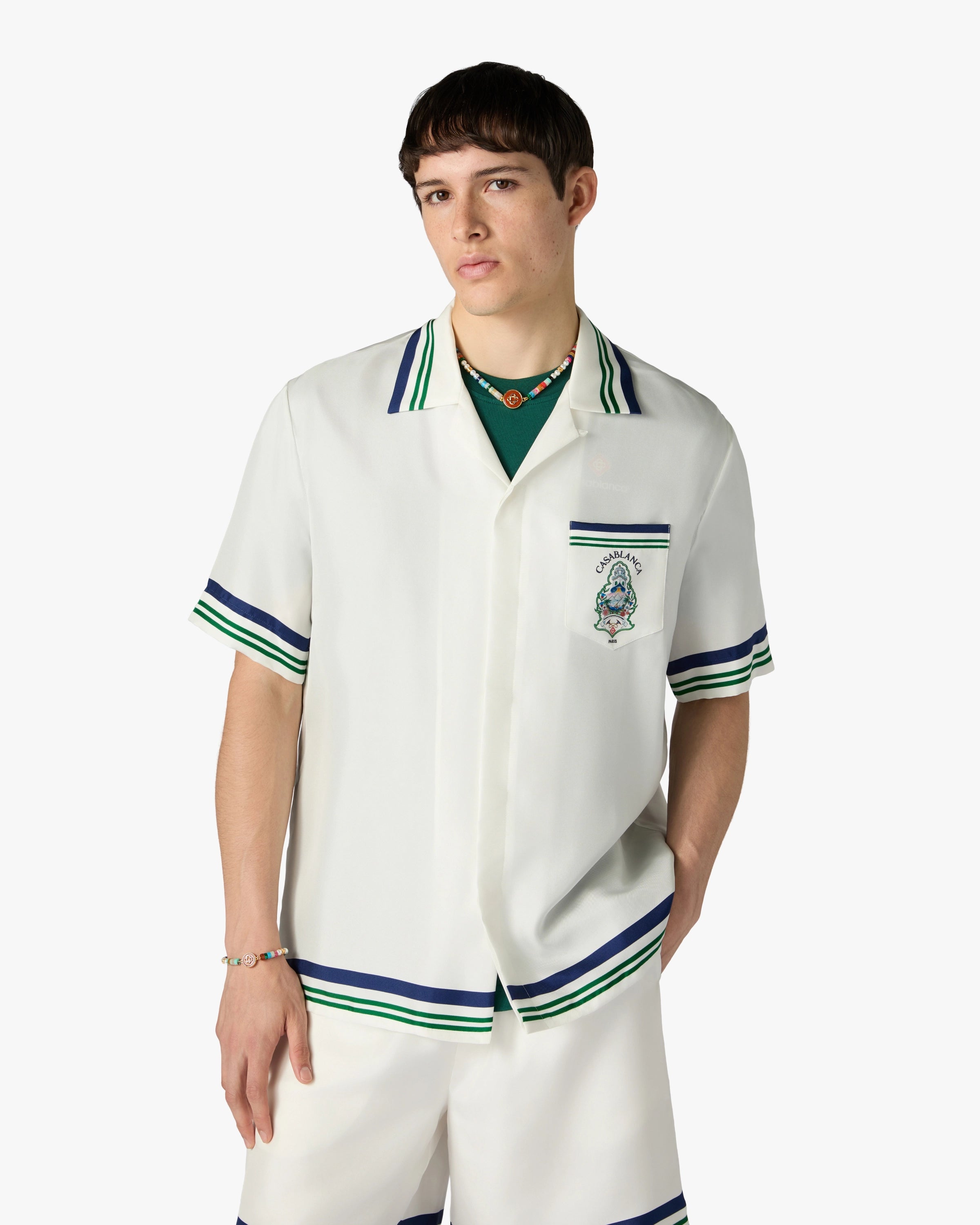 Casablanca Hotel Emblem camicia seta bianca manica corta