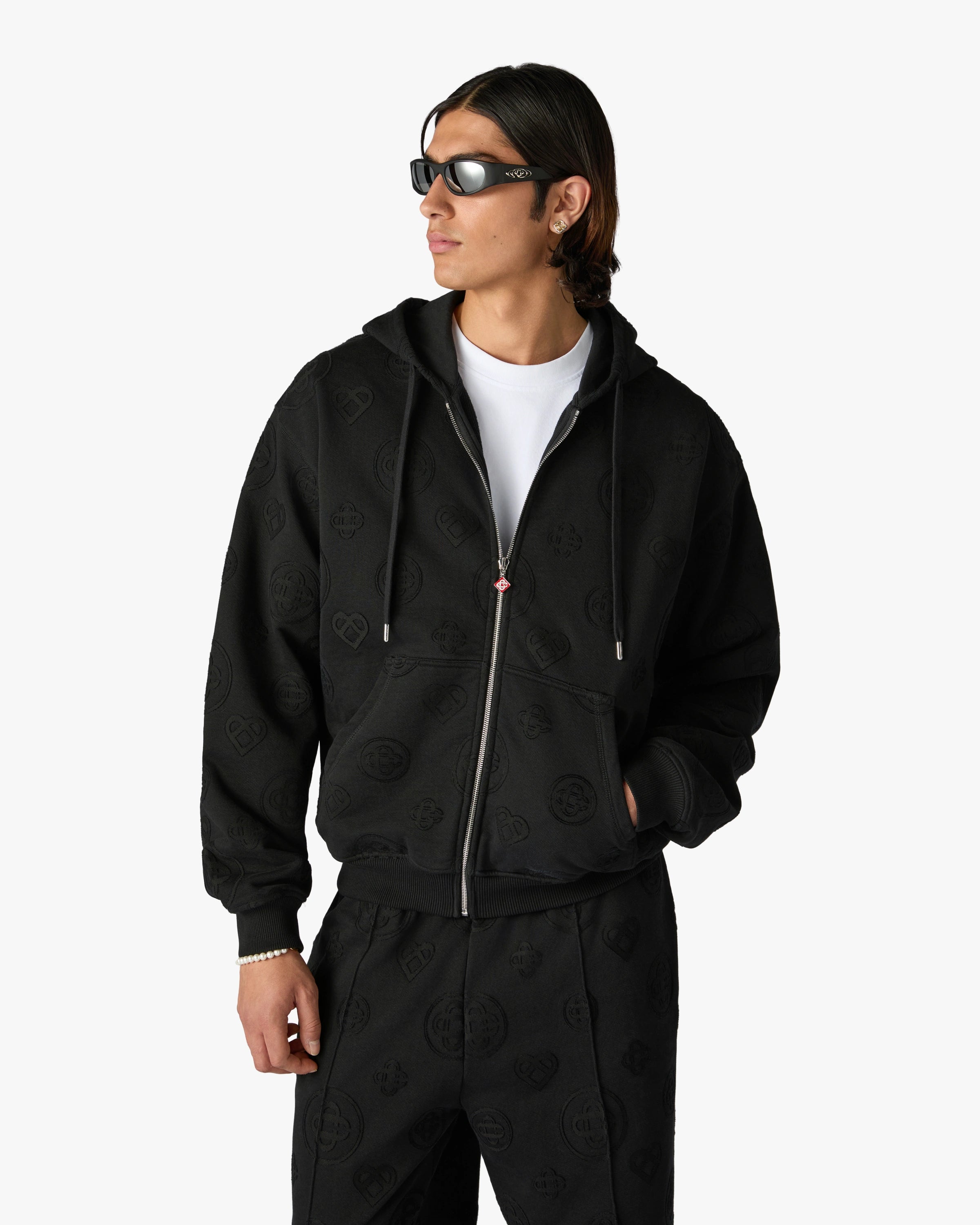 Casablanca Applique Monogram felpa cappuccio zip nero cotone