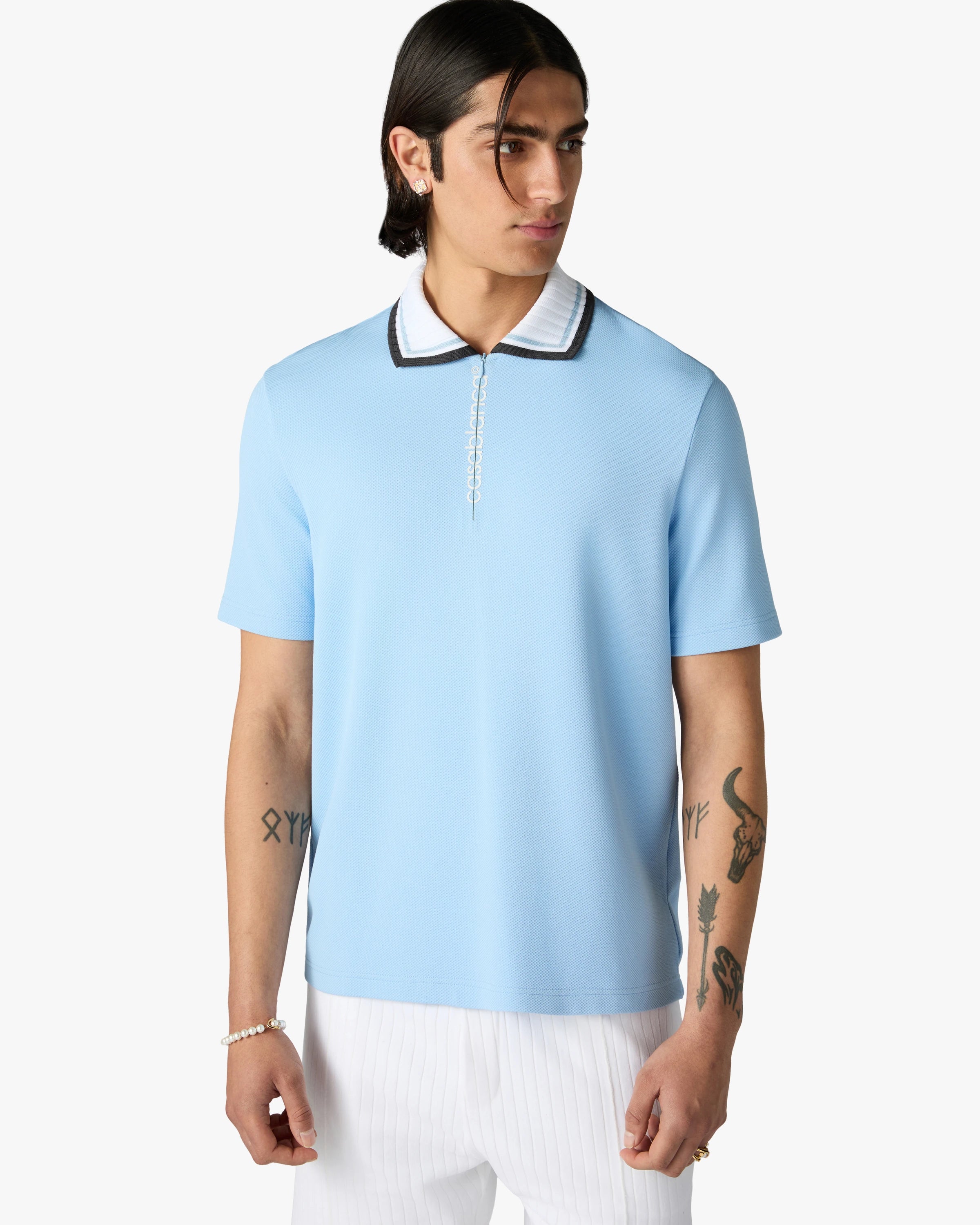 Casablanca Polo Azzurra Pique Zip Maniche Corte