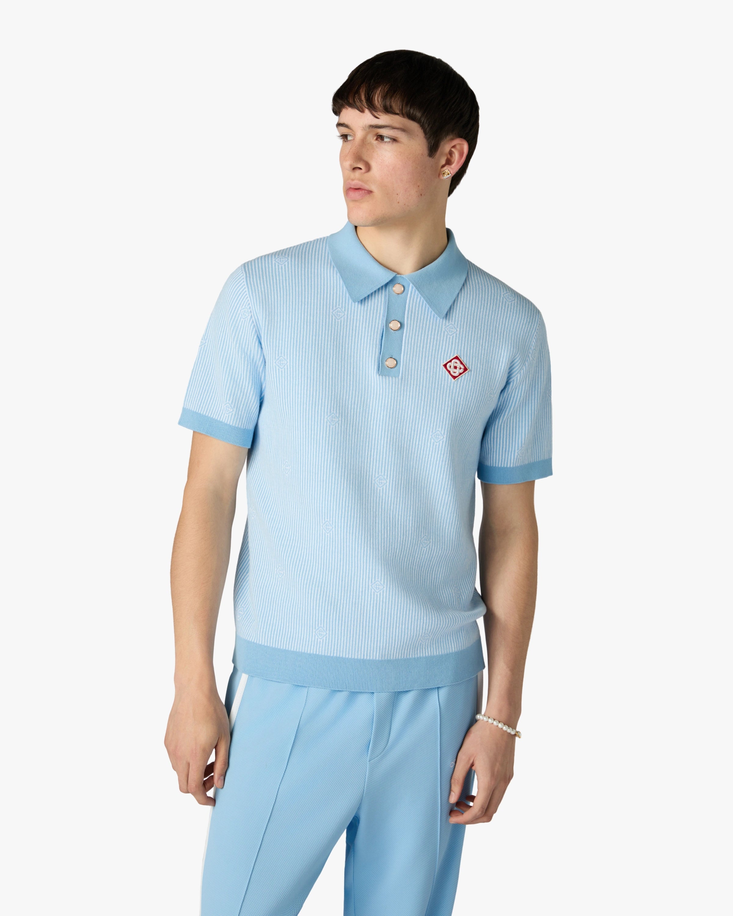Casablanca Polo in Maglia Azzurra Gessata Manica Corta Cotone