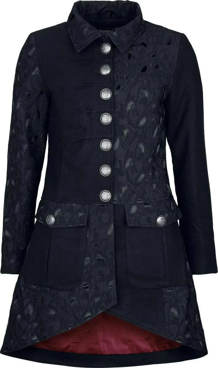 Gothicana by EMP cappotto donna nero fodera rossa broccato