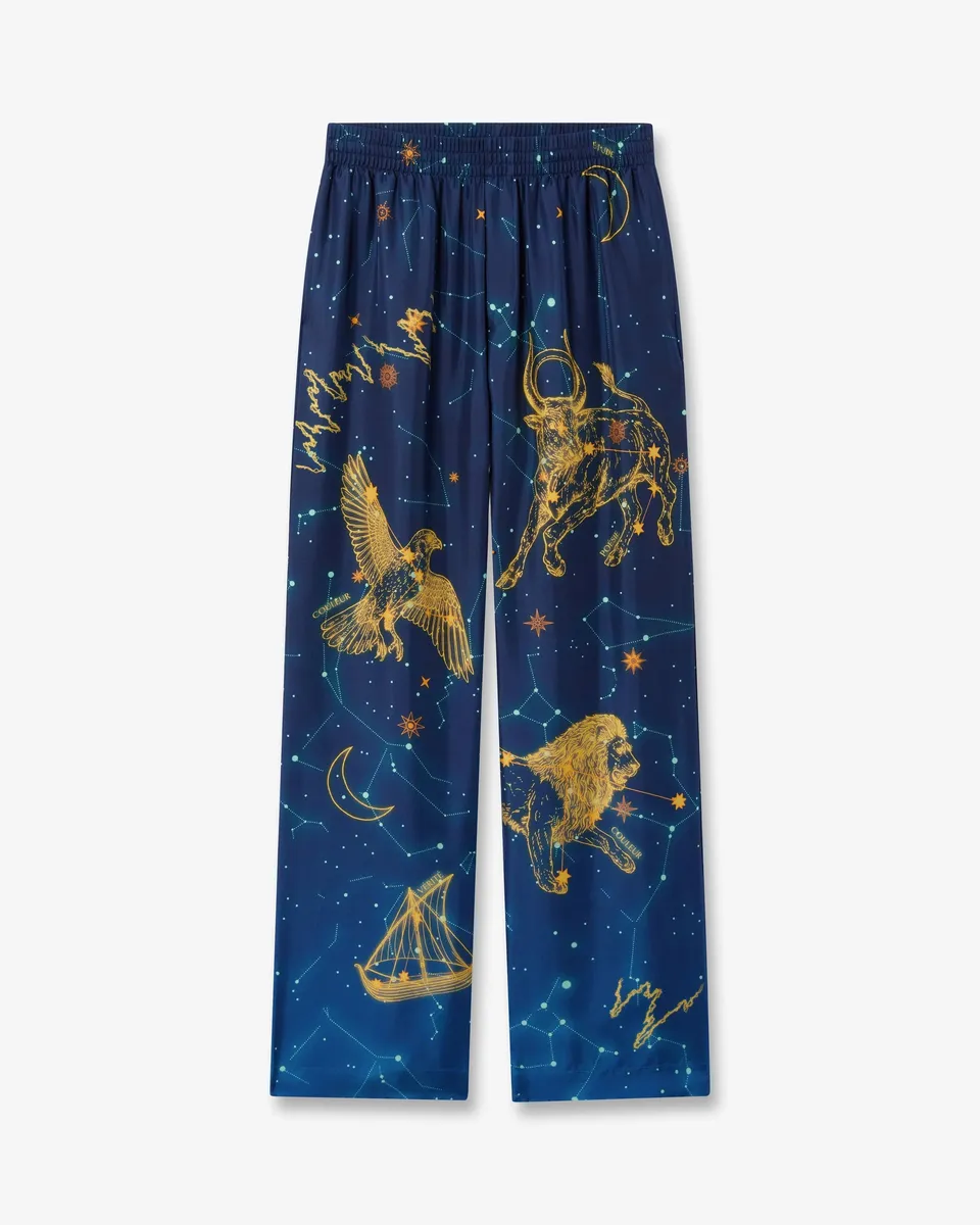 Casablanca Astrology pantaloni in seta blu gamba dritta