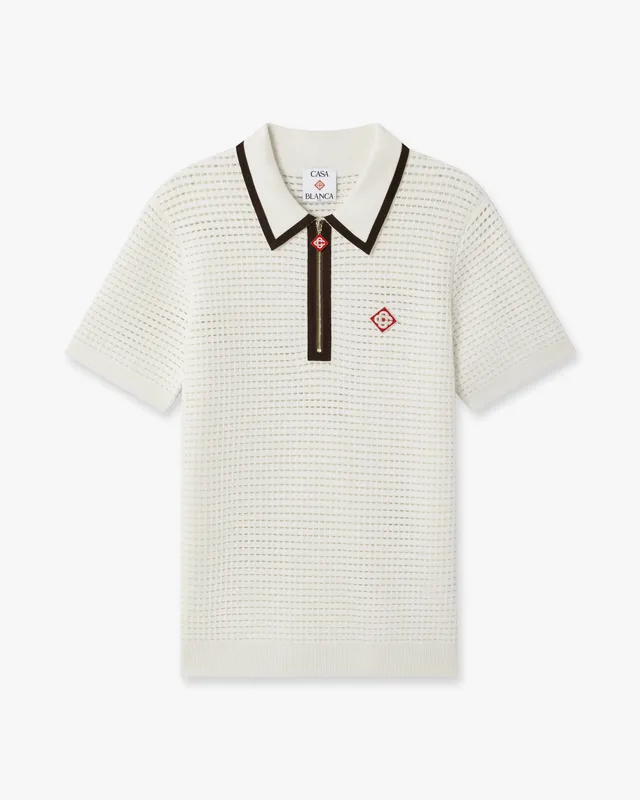 Casablanca Waffle Stitch polo manica corta bianca lana merino