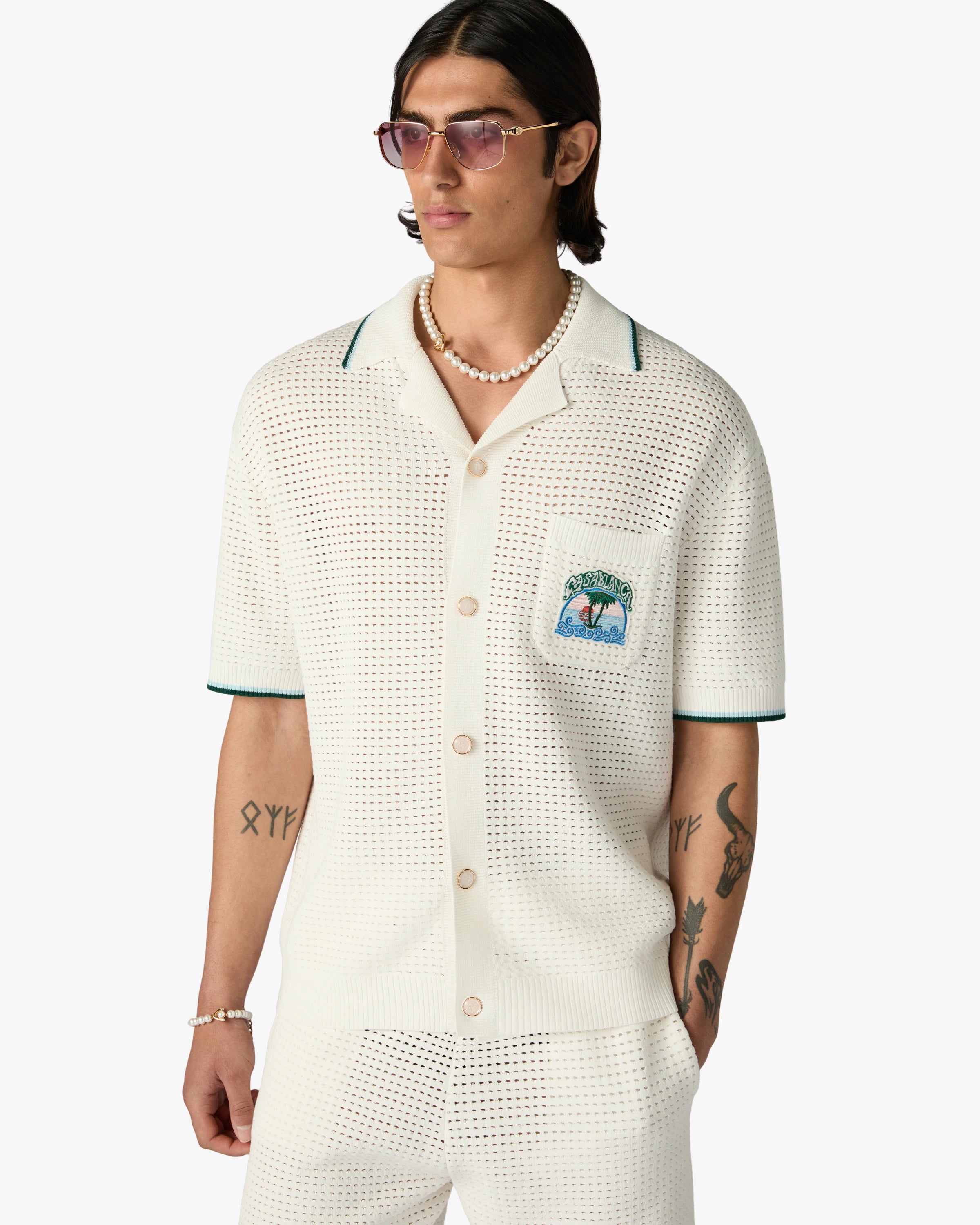 Casablanca Palm Tree Emblem Camicia Crochet Bianca Cotone