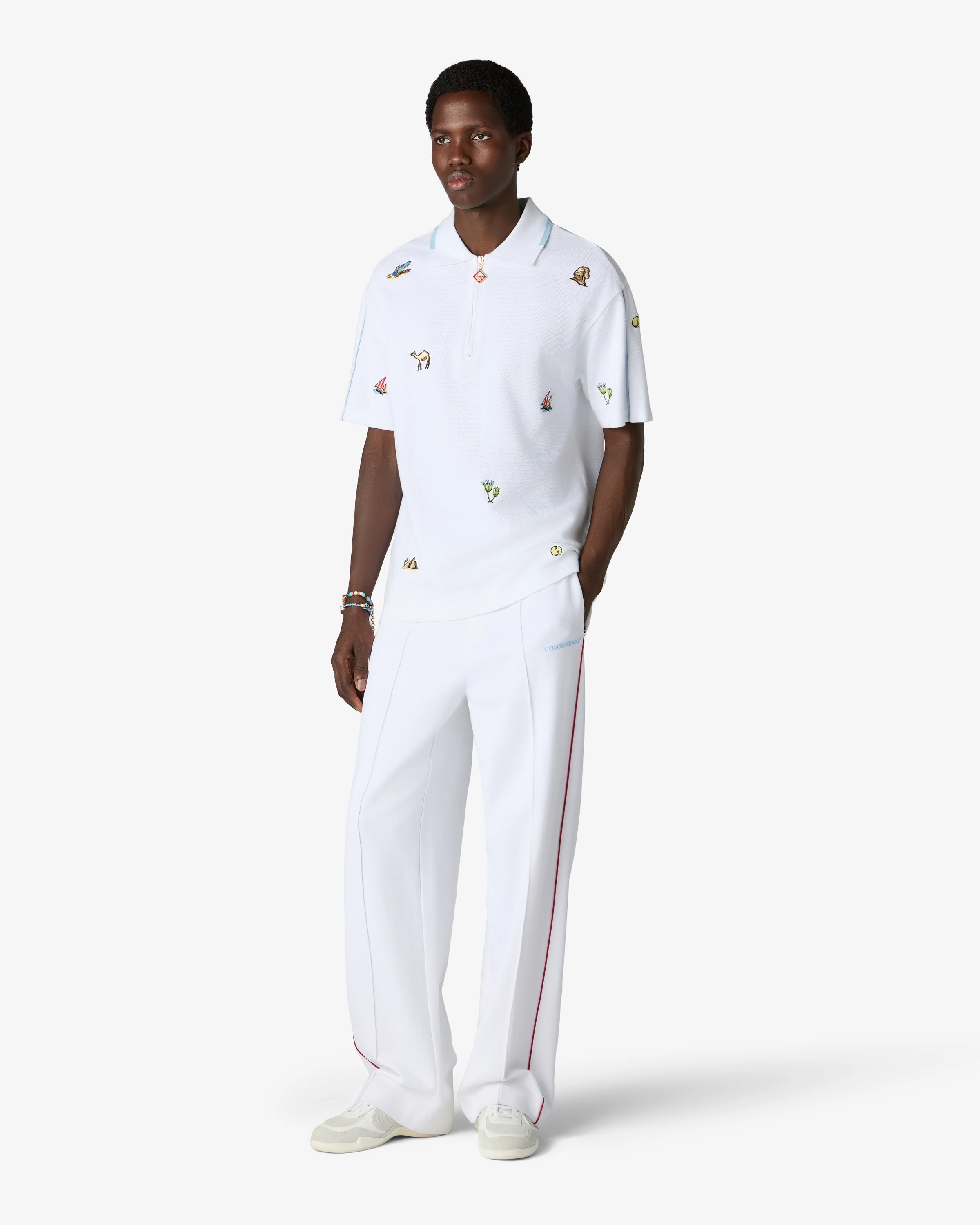 Casablanca White Icon Quarter Zip Polo Manica Corta Bianca Ricamata