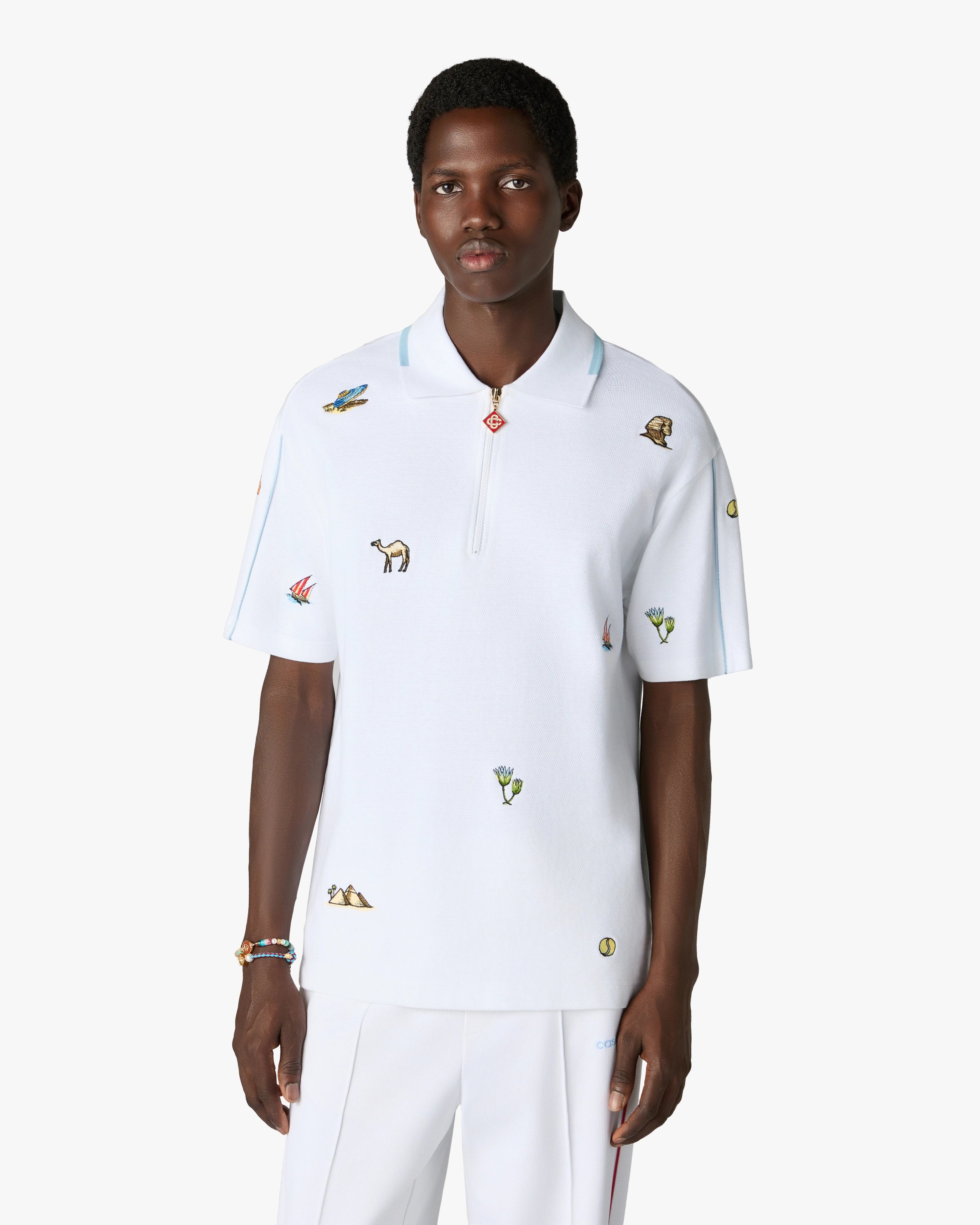 Casablanca White Icon Quarter Zip Polo Manica Corta Bianca Ricamata