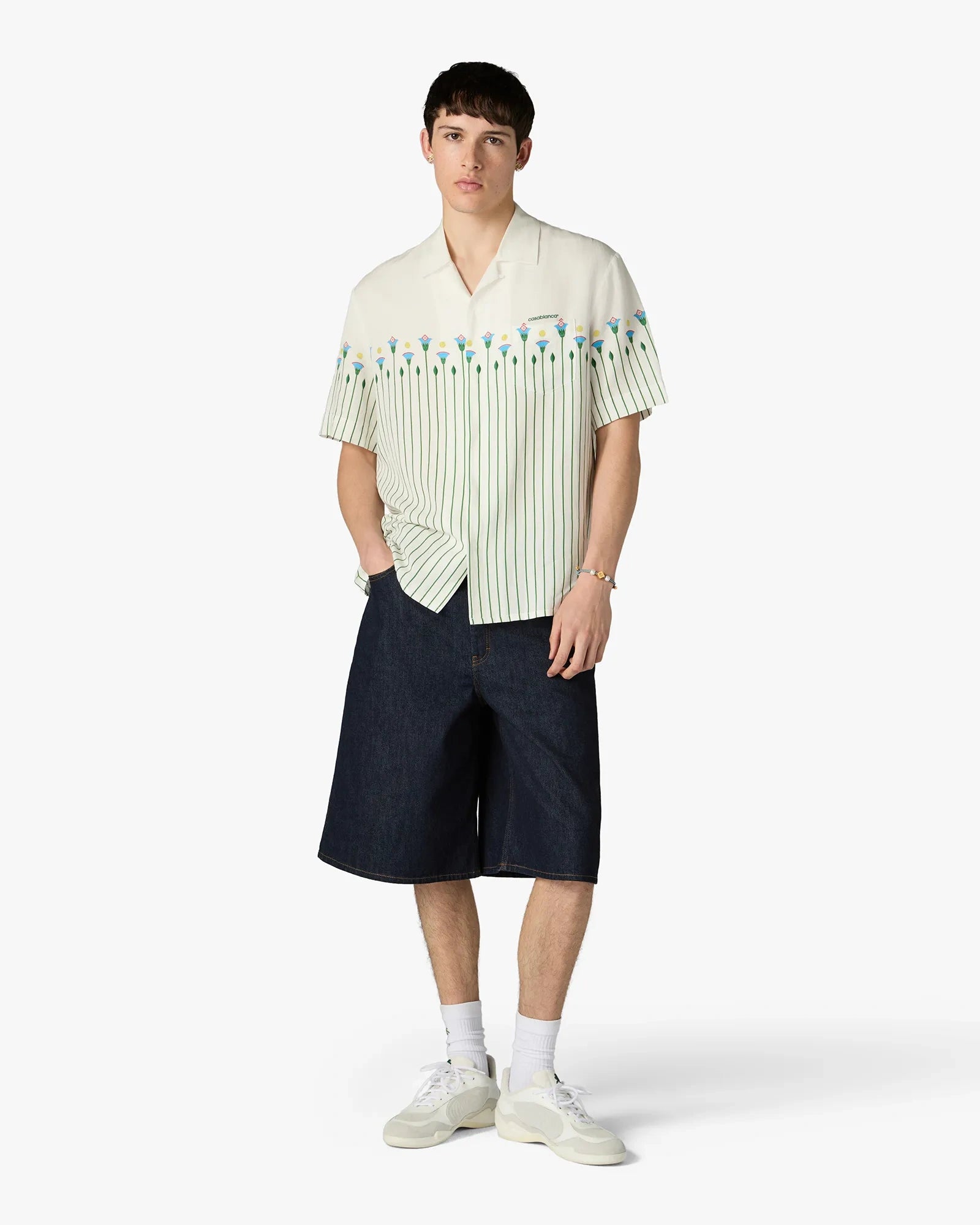 Casablanca Floral Stripe camicia uomo verde in lino