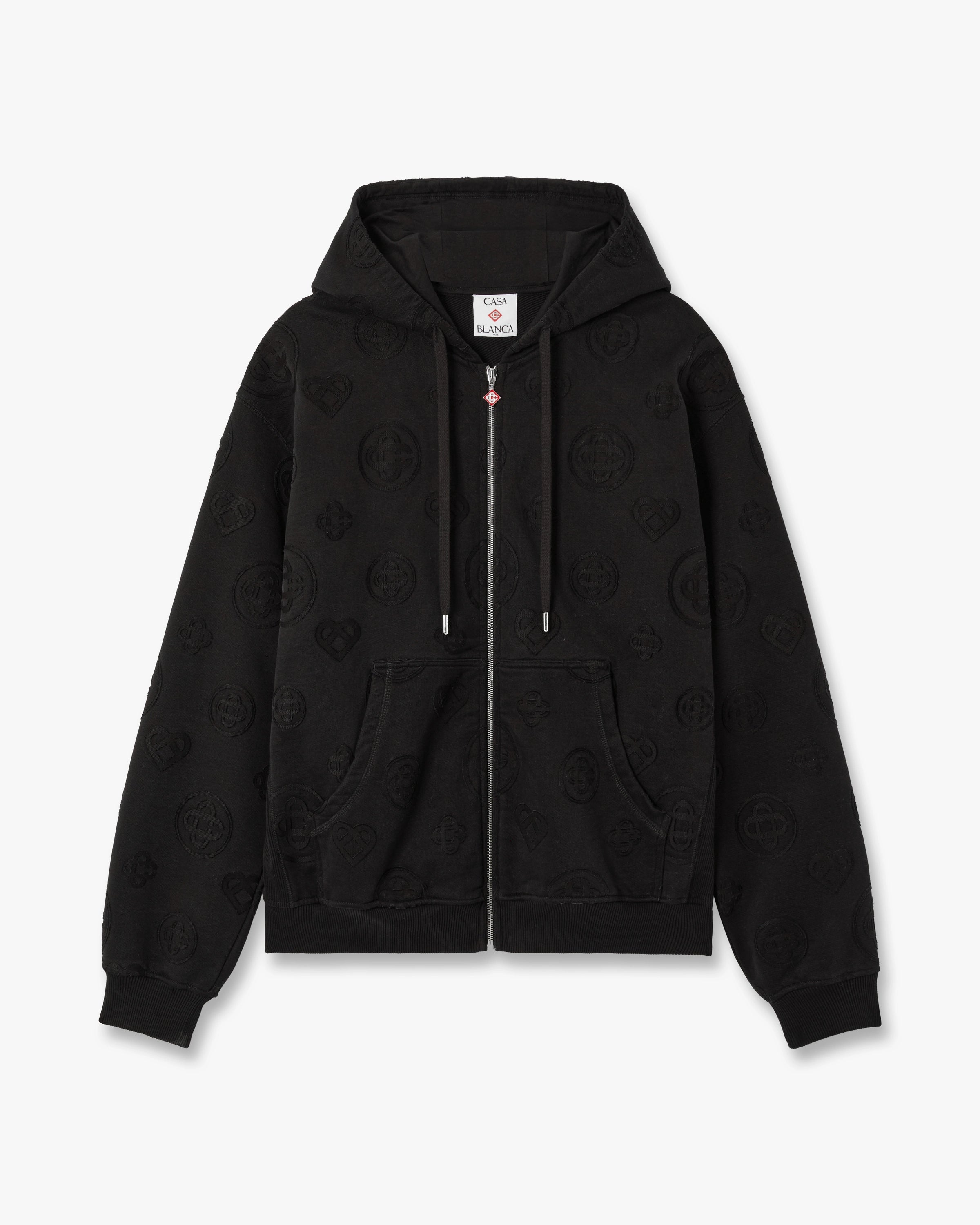 Casablanca Applique Monogram felpa cappuccio zip nero cotone