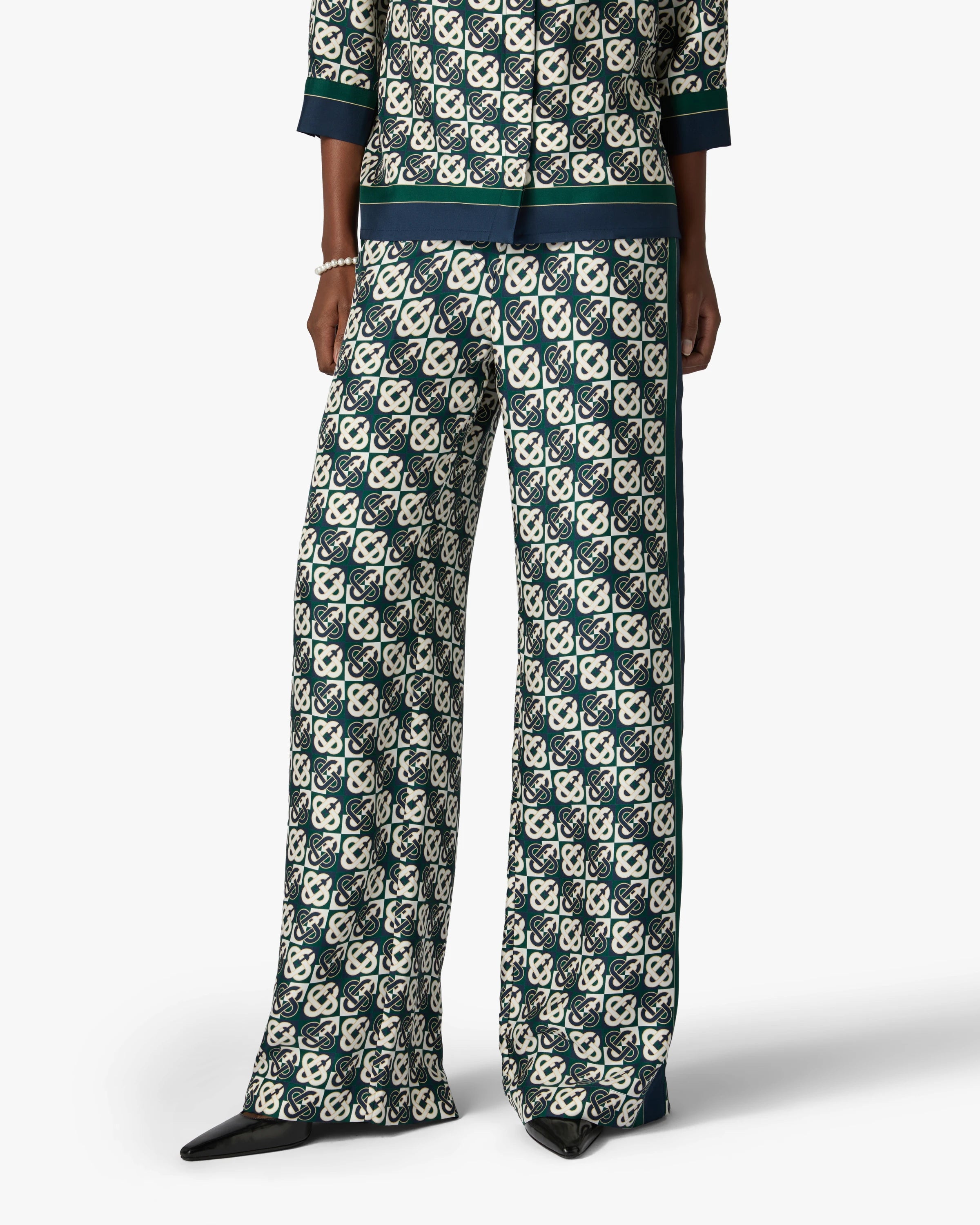 Casablanca Check Monogram pantaloni donna seta verde blu