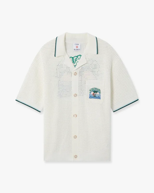 Casablanca Palm Tree Emblem Camicia Crochet Bianca Cotone