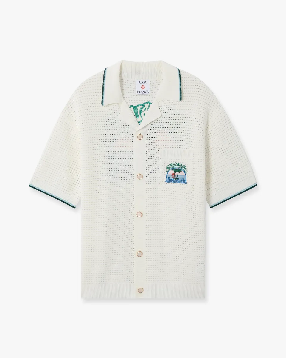 Casablanca Palm Tree Emblem Camicia Crochet Bianca Cotone
