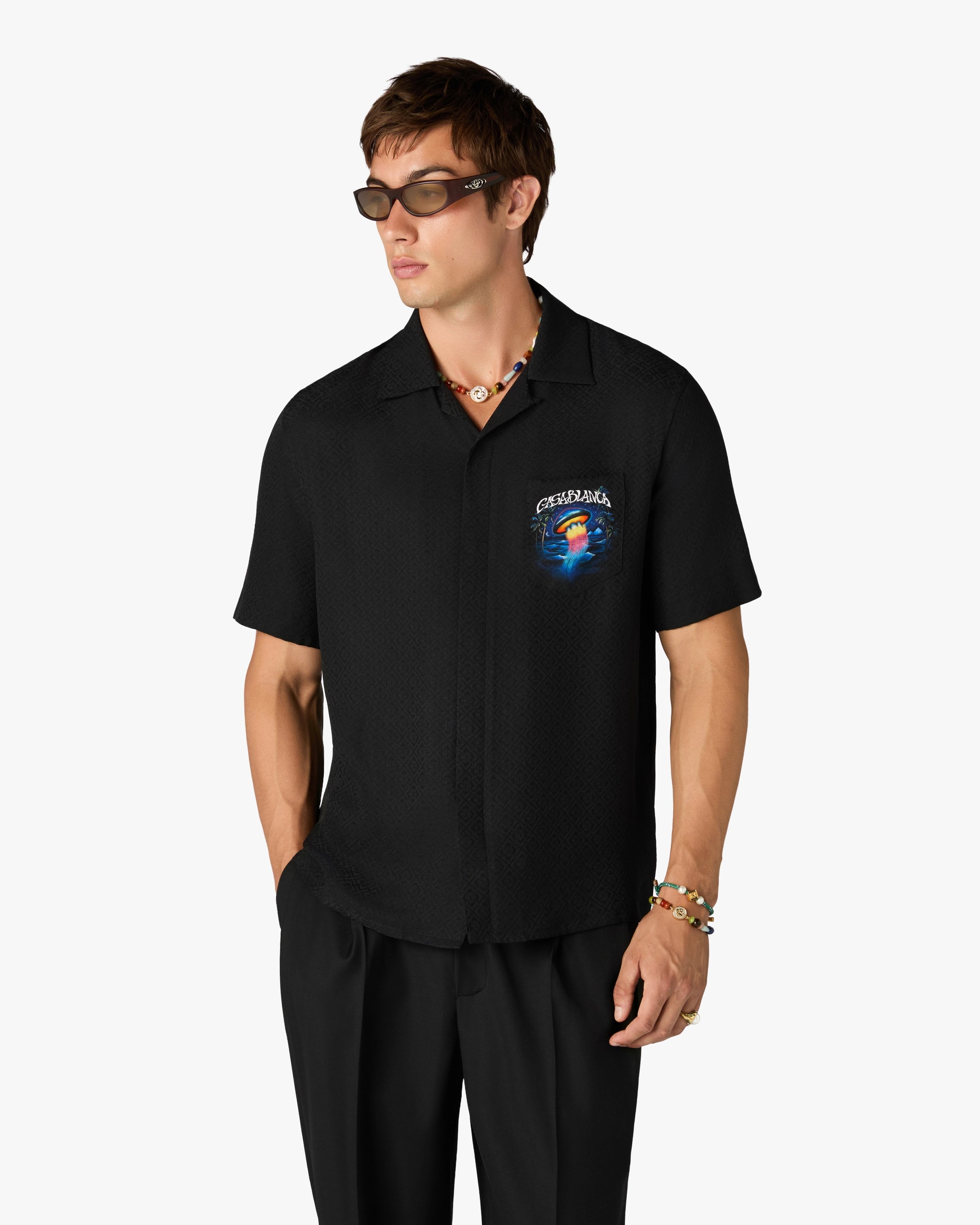 Casablanca Sahara Twilight camicia in seta nera maniche corte