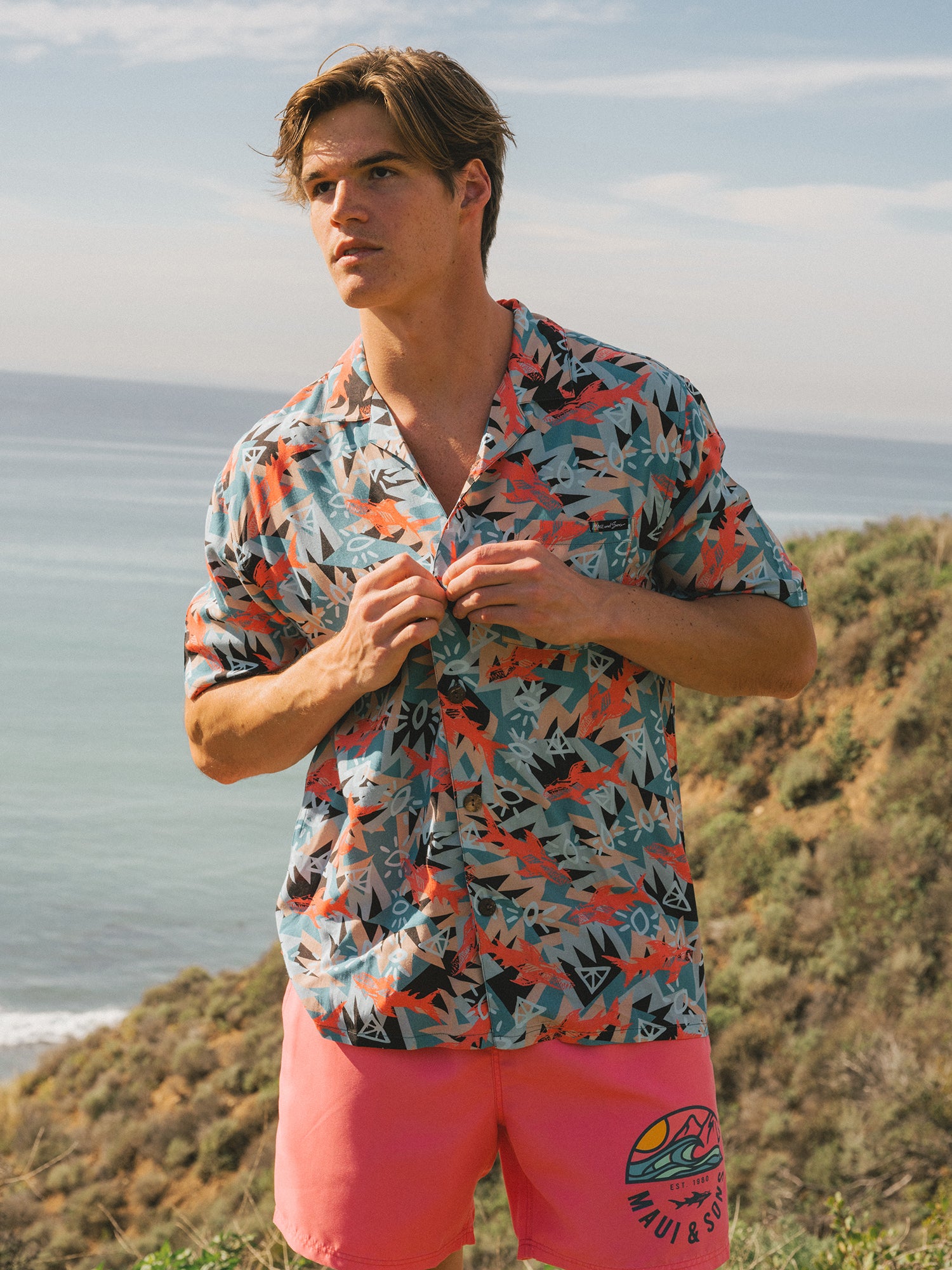 Maui and Sons Shark Tank camicia coral manica corta rayon