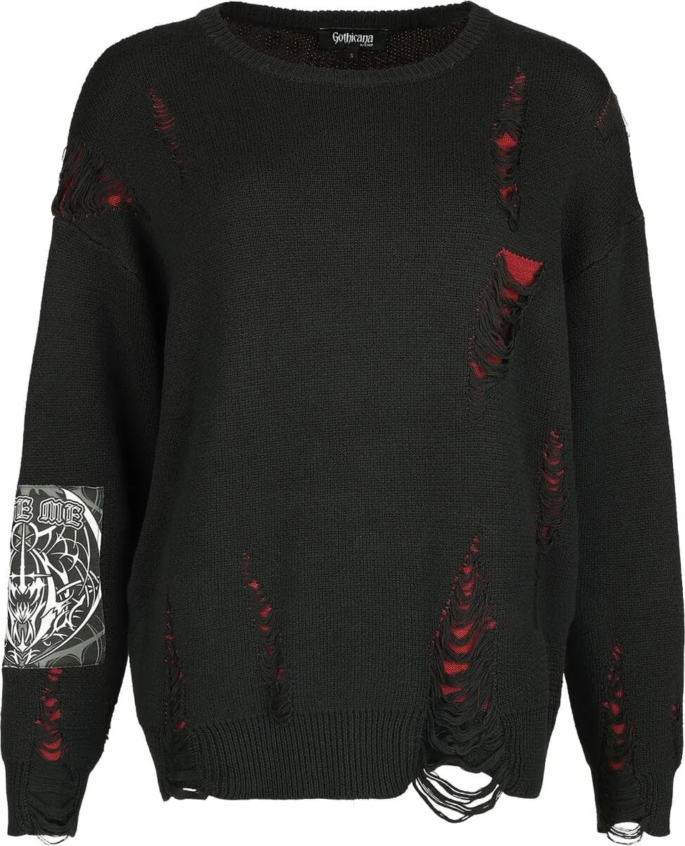Gothicana by EMP Maglione Donna Nero Rosso M Destroyed