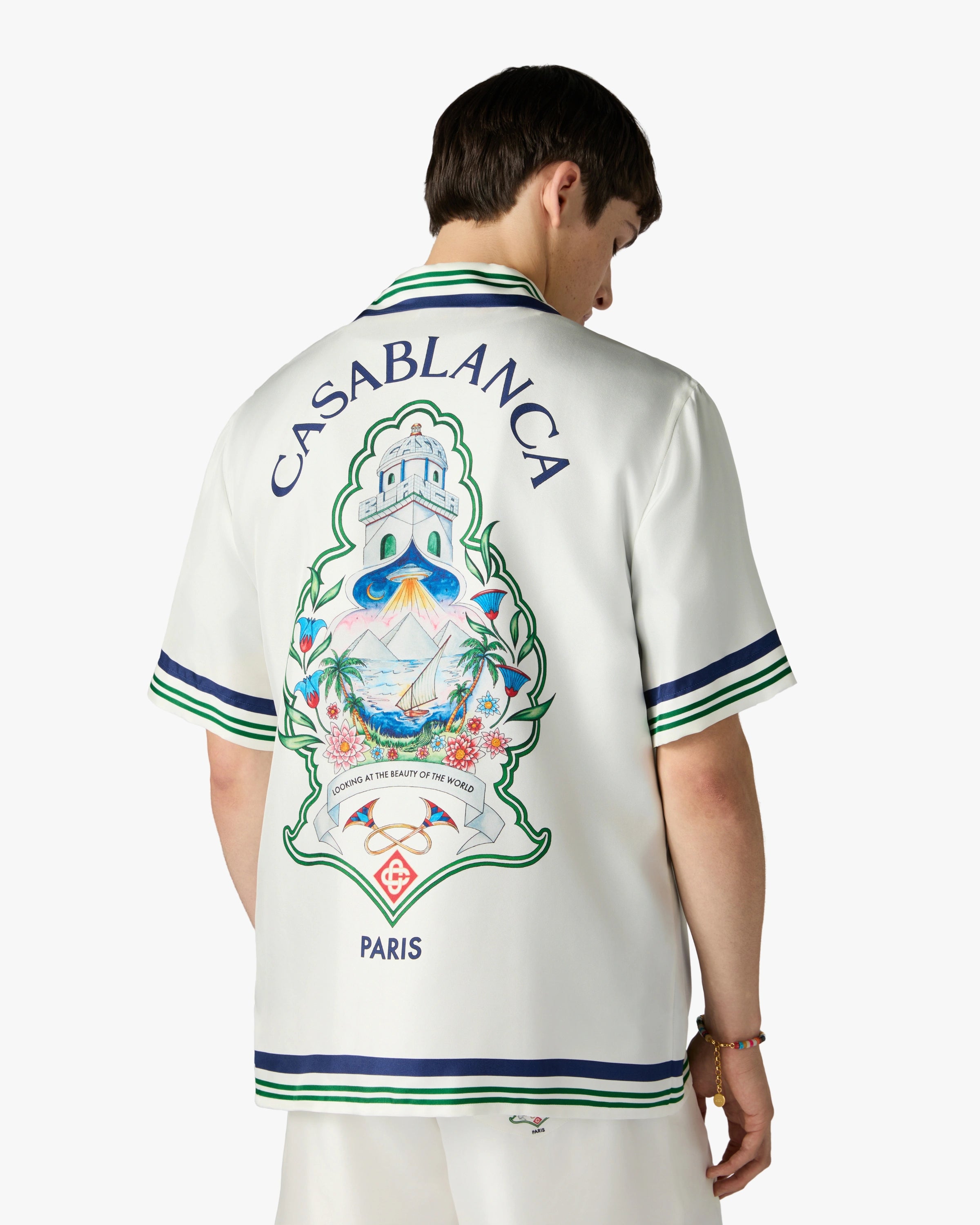 Casablanca Hotel Emblem camicia seta bianca manica corta