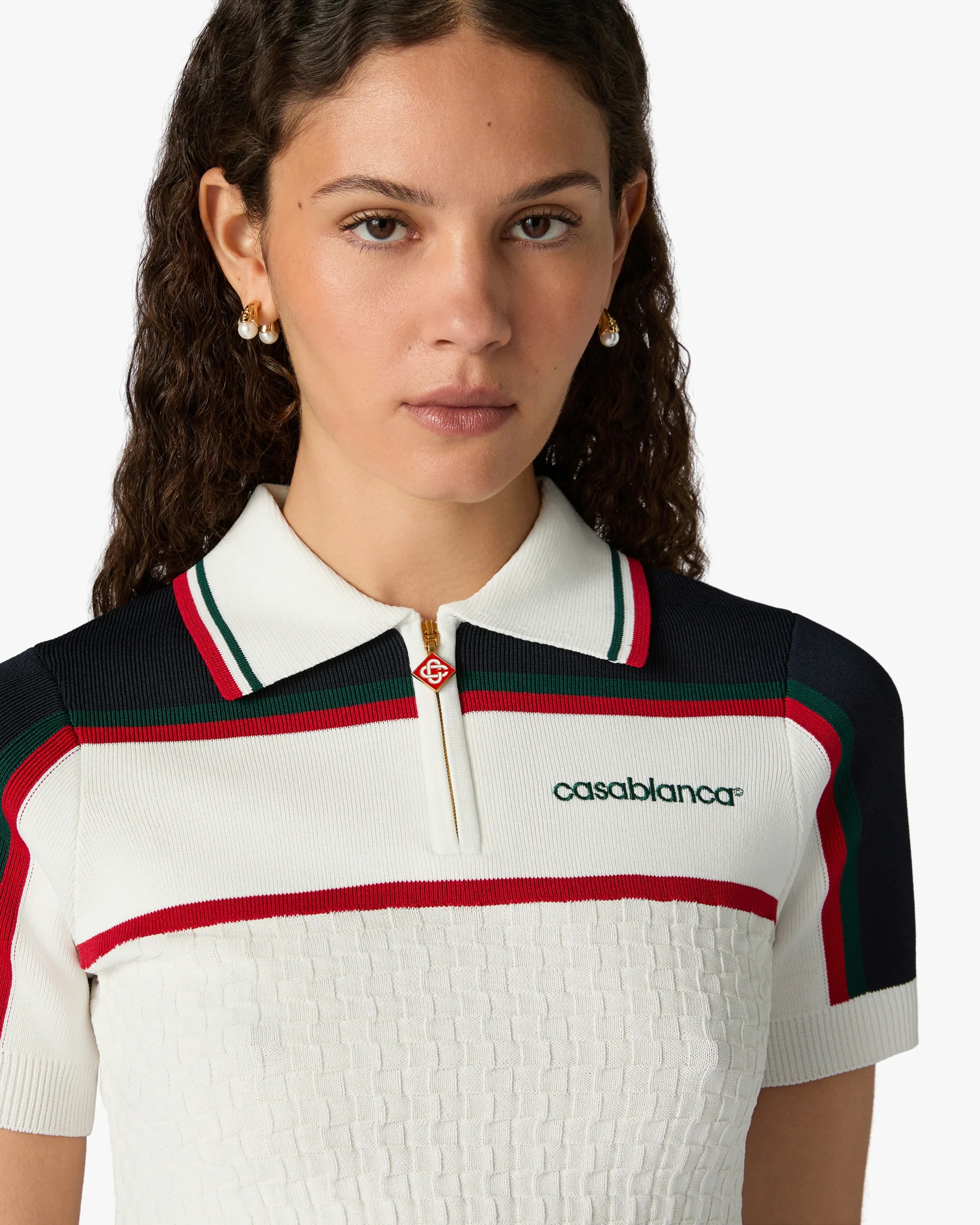 Casablanca Tennis polo in maglia crema navy viscosa