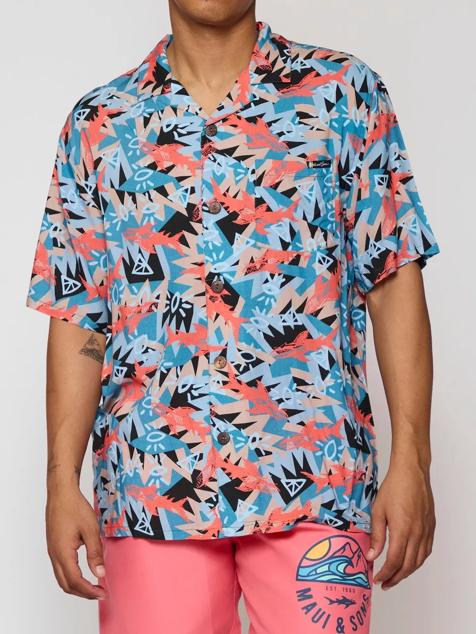Maui and Sons Shark Tank camicia coral manica corta rayon