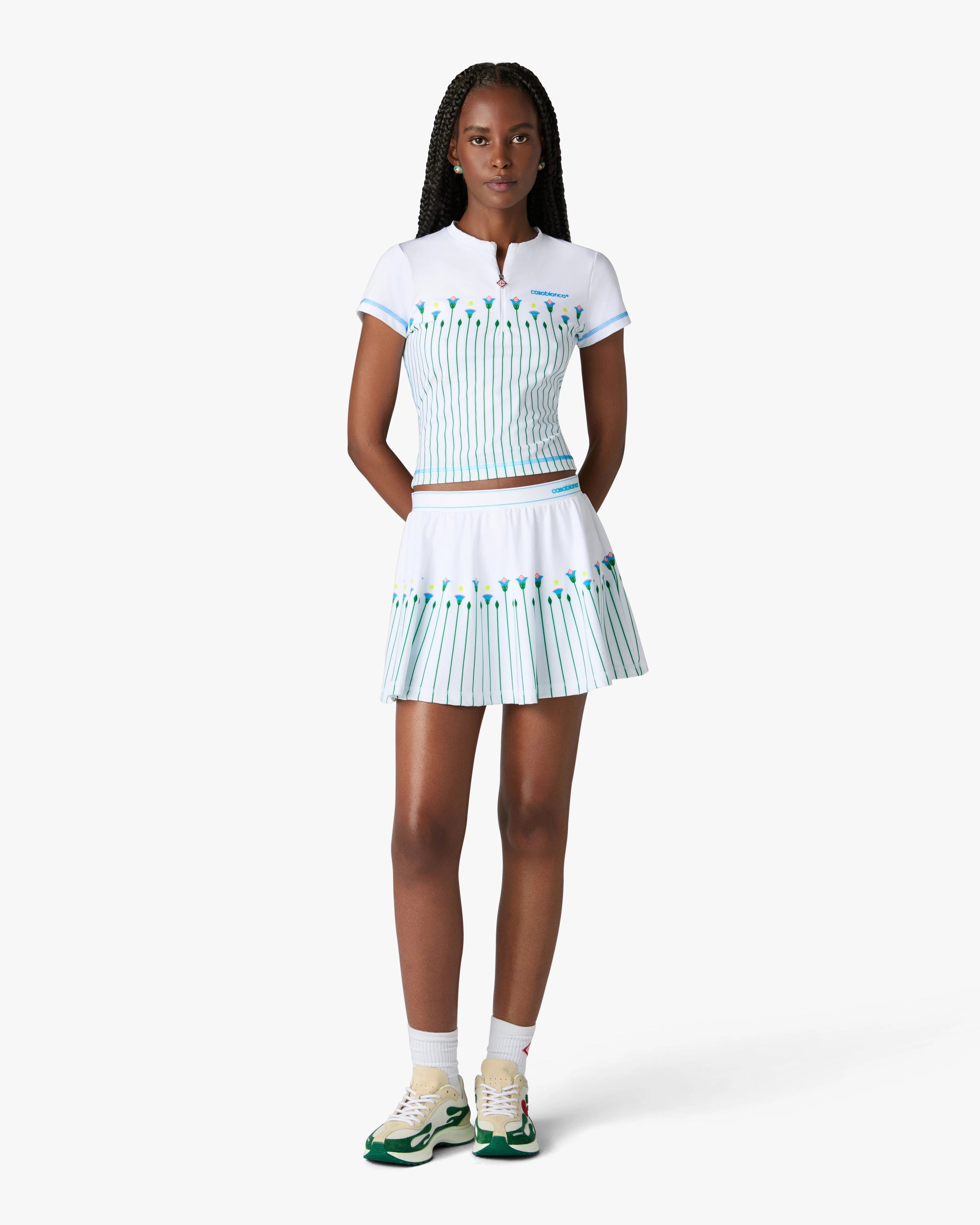 Casablanca Floral Stripe gonna tennis bianca mini