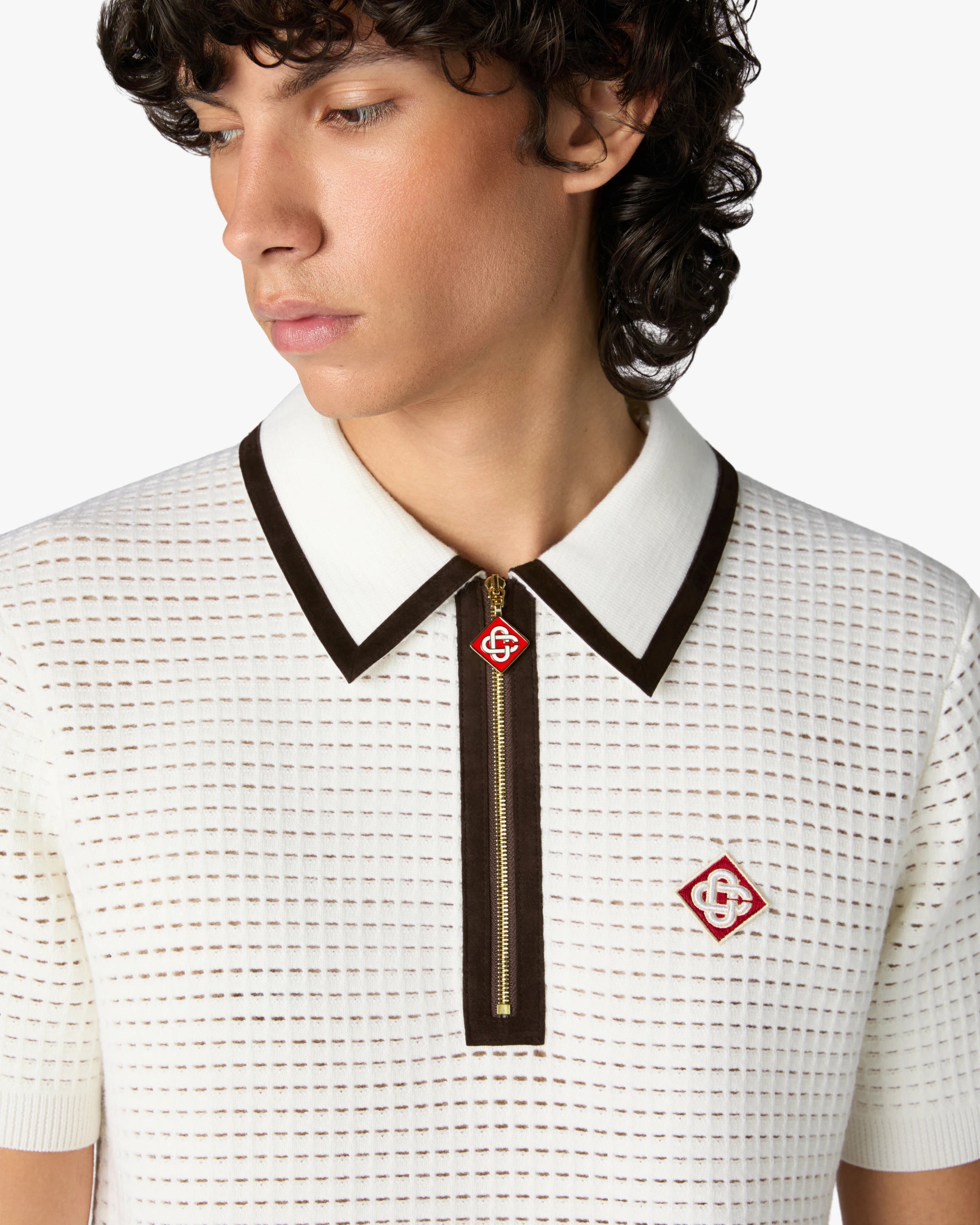 Casablanca Waffle Stitch polo manica corta bianca lana merino