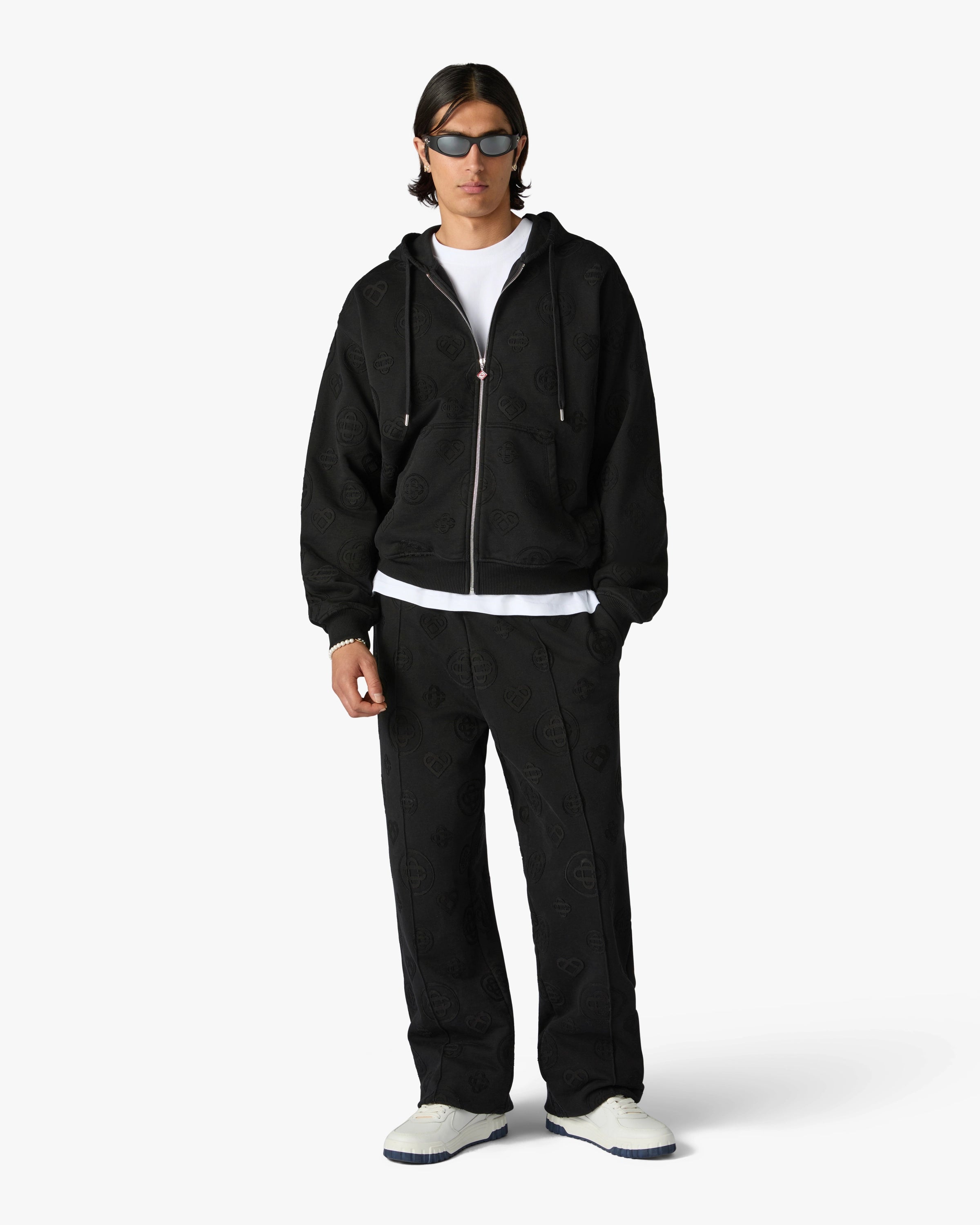 Casablanca Applique Monogram felpa cappuccio zip nero cotone