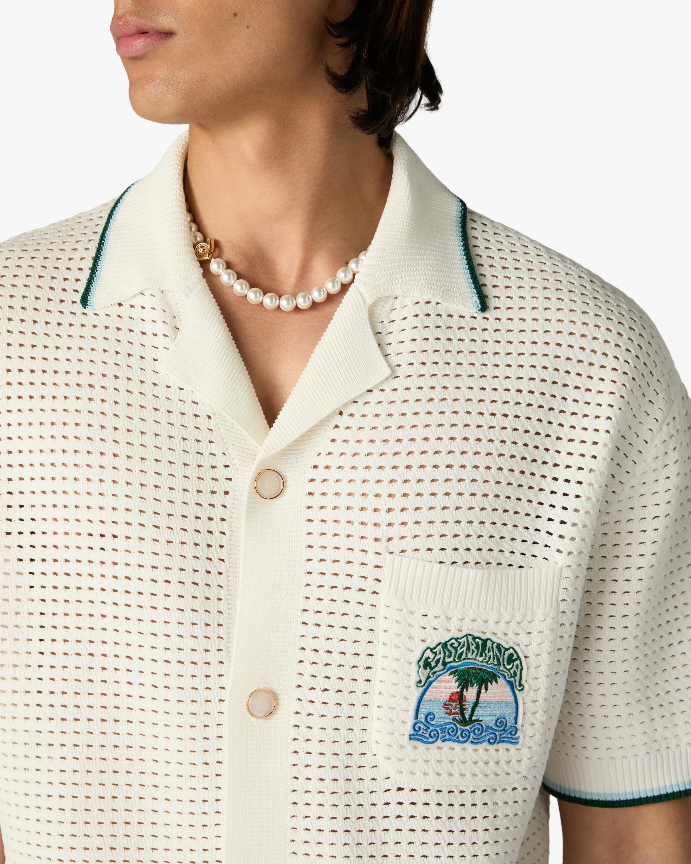Casablanca Palm Tree Emblem Camicia Crochet Bianca Cotone