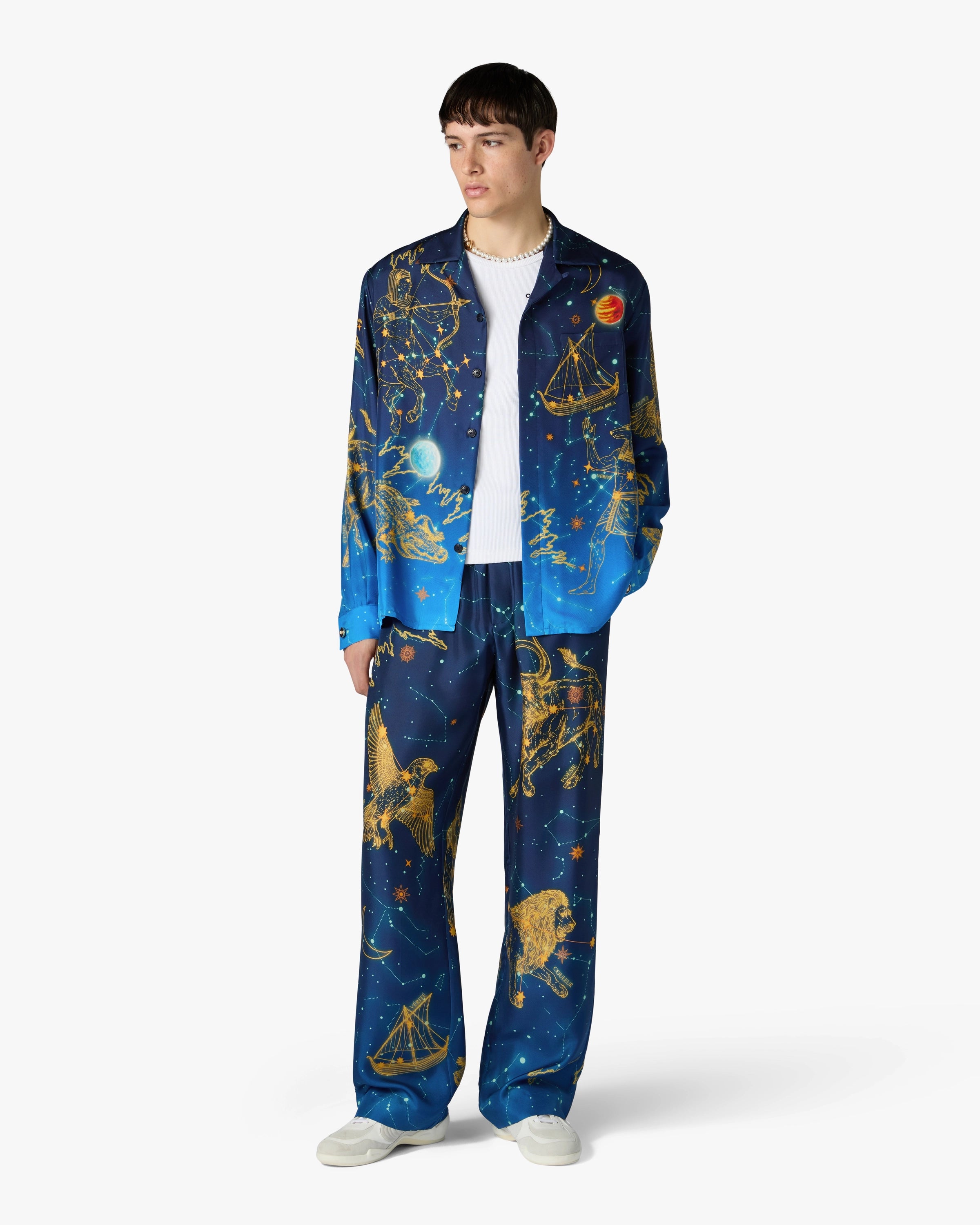 Casablanca Astrology pantaloni in seta blu gamba dritta