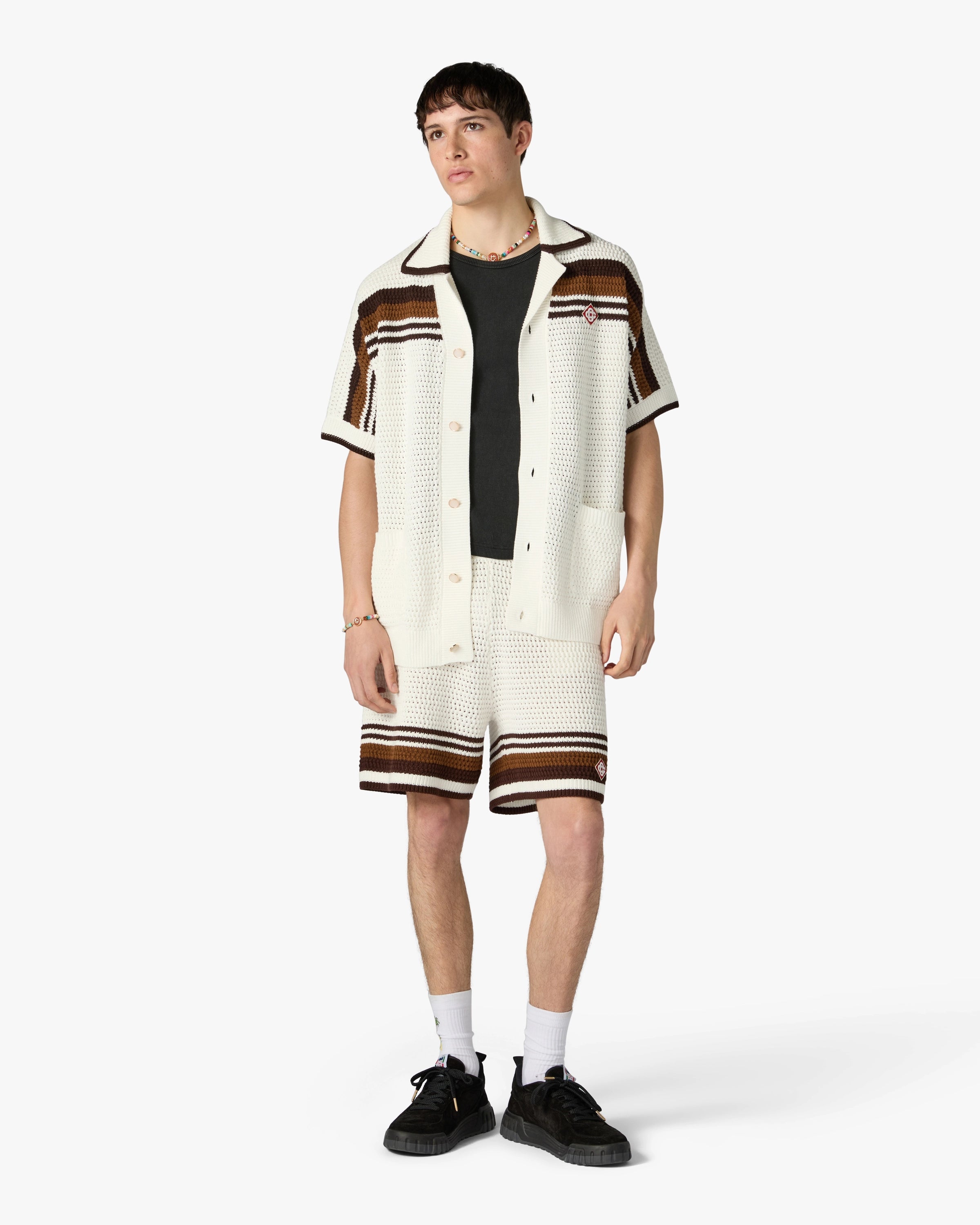 Casablanca Tennis Stripe camicia crochet bianco marrone cotone