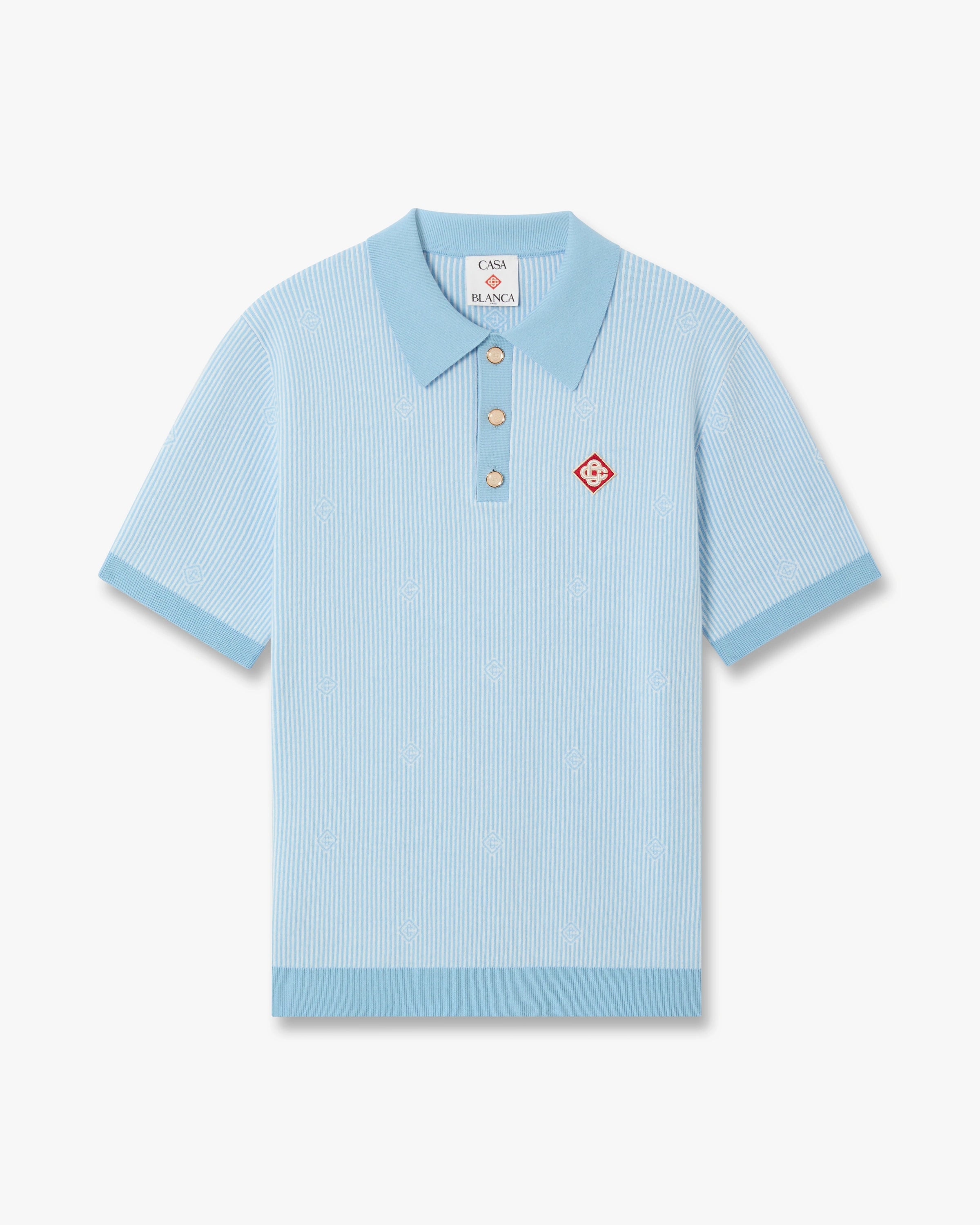 Casablanca Polo in Maglia Azzurra Gessata Manica Corta Cotone