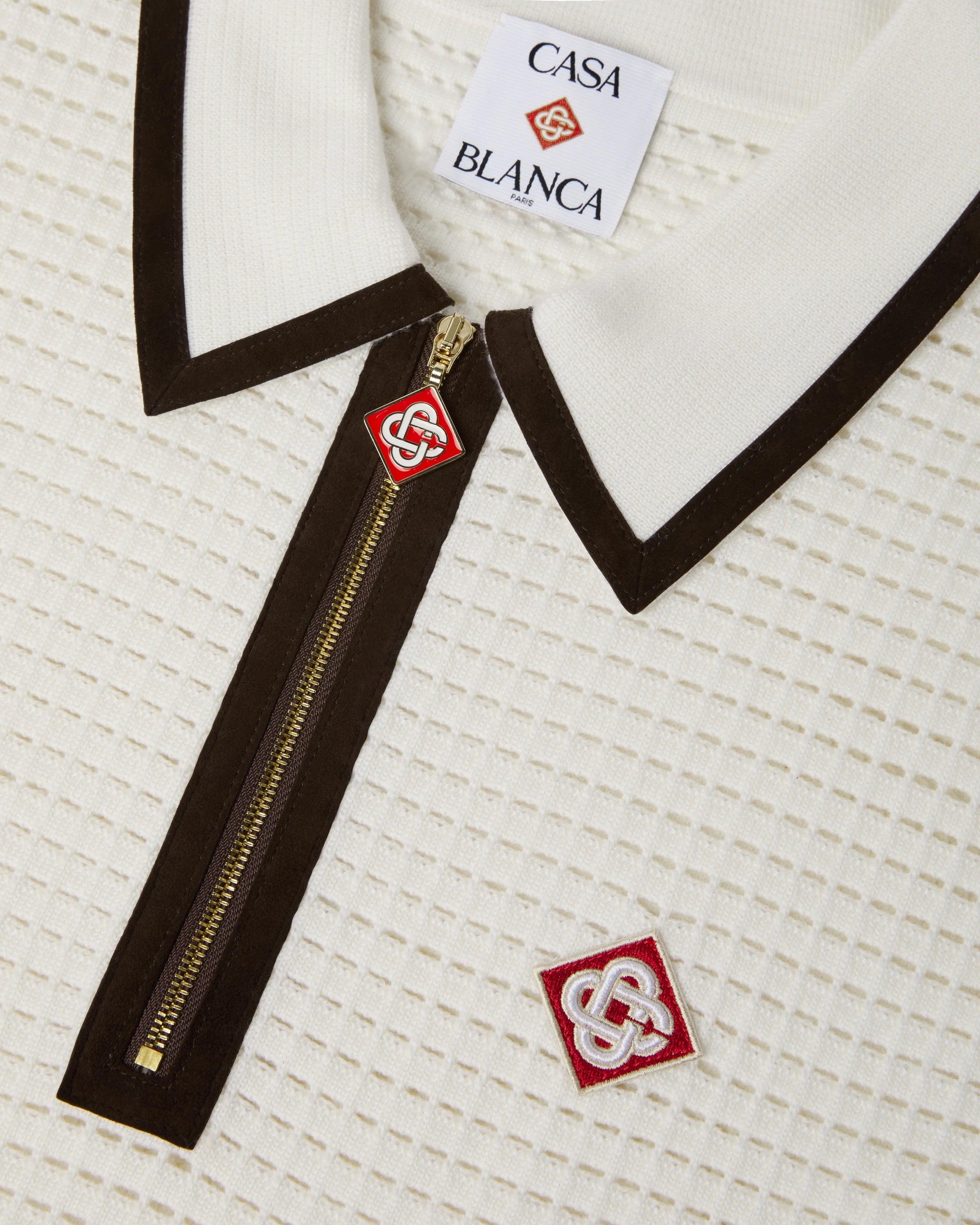 Casablanca Waffle Stitch polo manica corta bianca lana merino