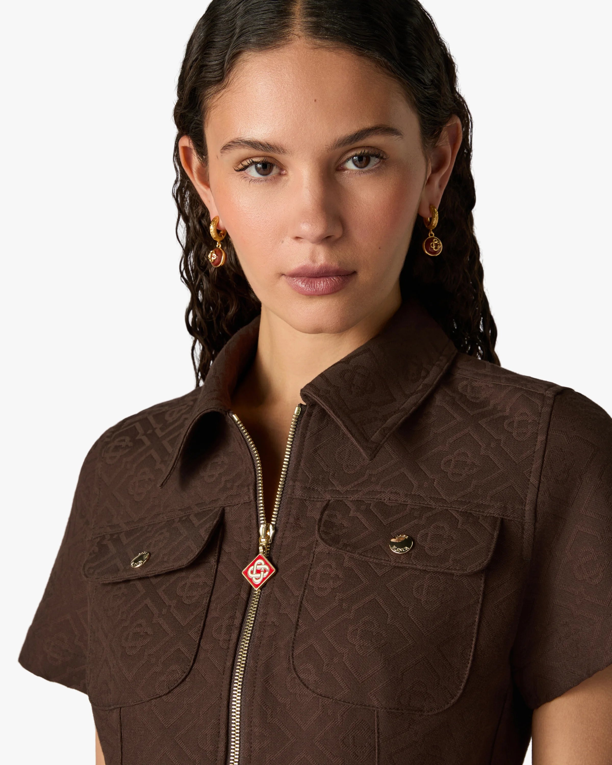 Casablanca Monogram abito midi marrone maniche corte