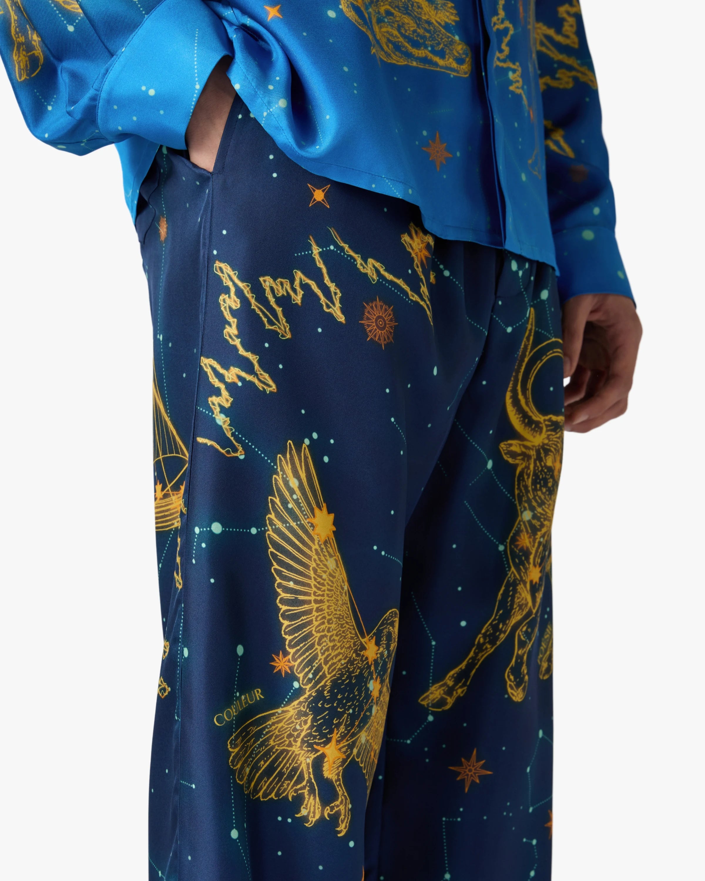 Casablanca Astrology pantaloni in seta blu gamba dritta