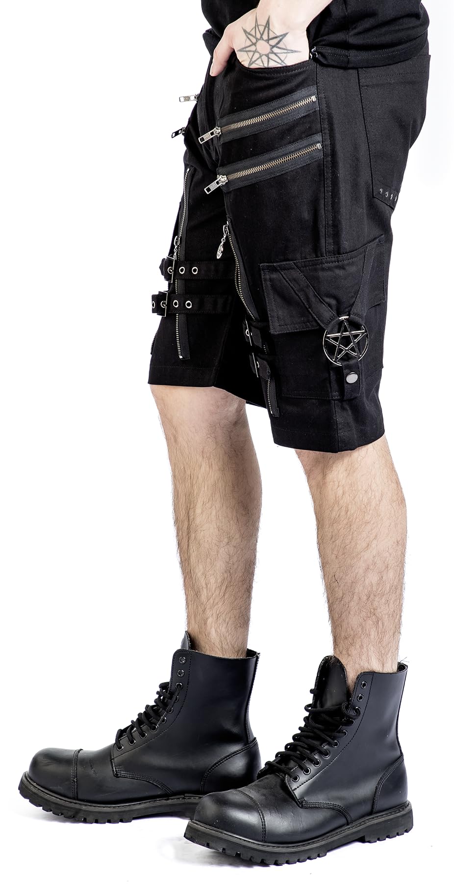 Gothicana Pantaloncini Neri Pentagramma Fibbie Uomo